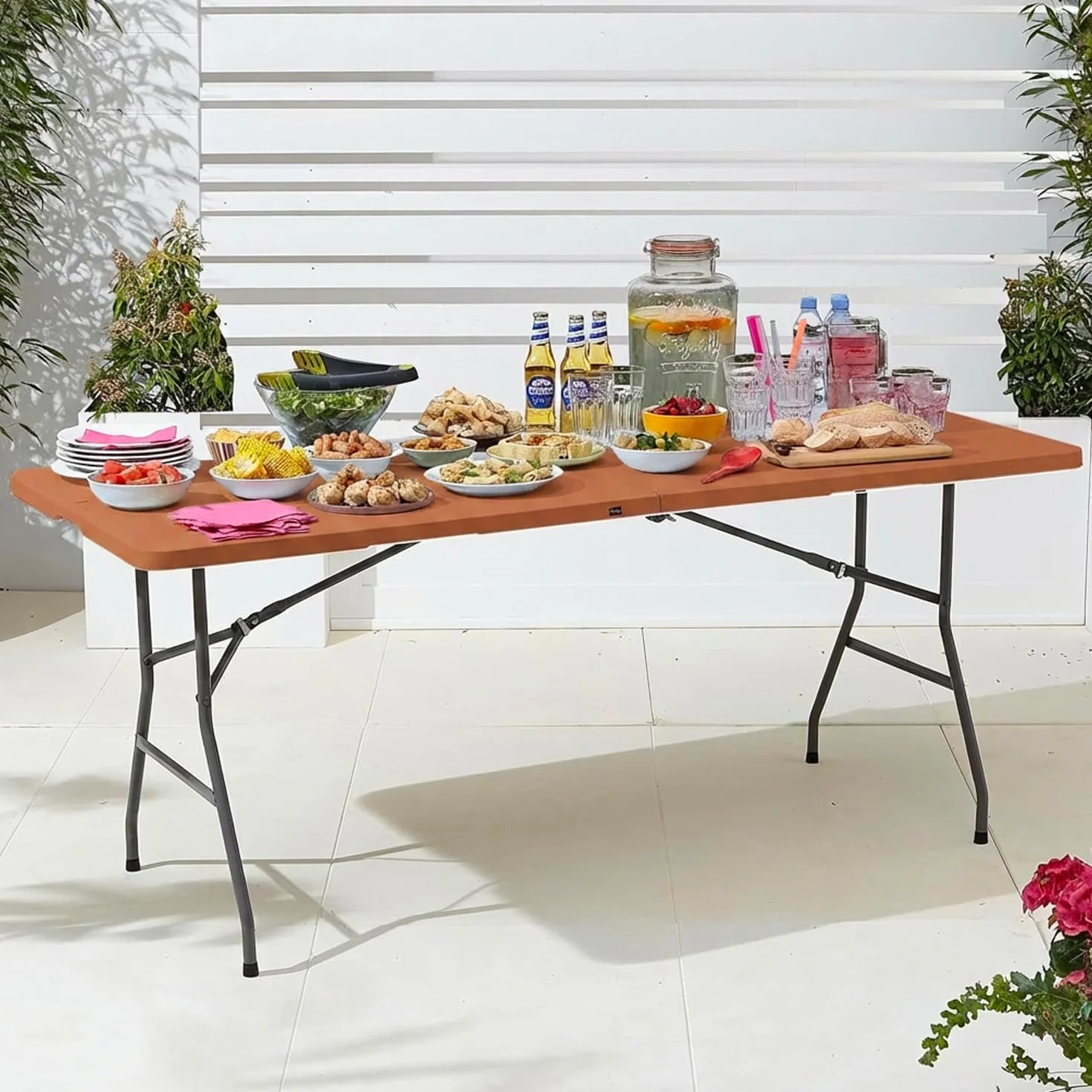 Avilia Tavolo Pieghevole da Pranzo Salvaspazio in HDPE per 6 Persone 180x70x74 cm Marrone