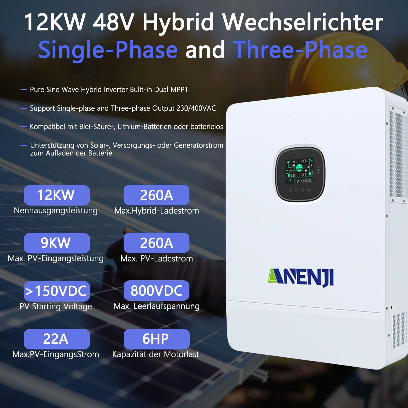 Inverter ibrido da 12 KW All-in-One singolo fase e tre fasi 48 V DC a 230/400 V AC inverter solare integrato 260 A, regolatore di carica MPPT, per acido piombo, batteria al litio o batterie