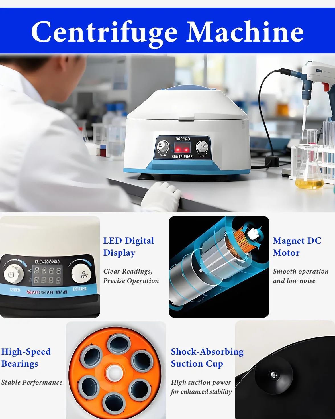 PRP Centrifuga, 6 x 15 ml, 4000 RPM 1953 x g, RCF Portatile Centrifuga Laboratorio con Timer da 1 – 99 min, Trasparente Lid & LED, per 5/7/10 ml, a basso rumore, per plasma, sangue, pratica medica