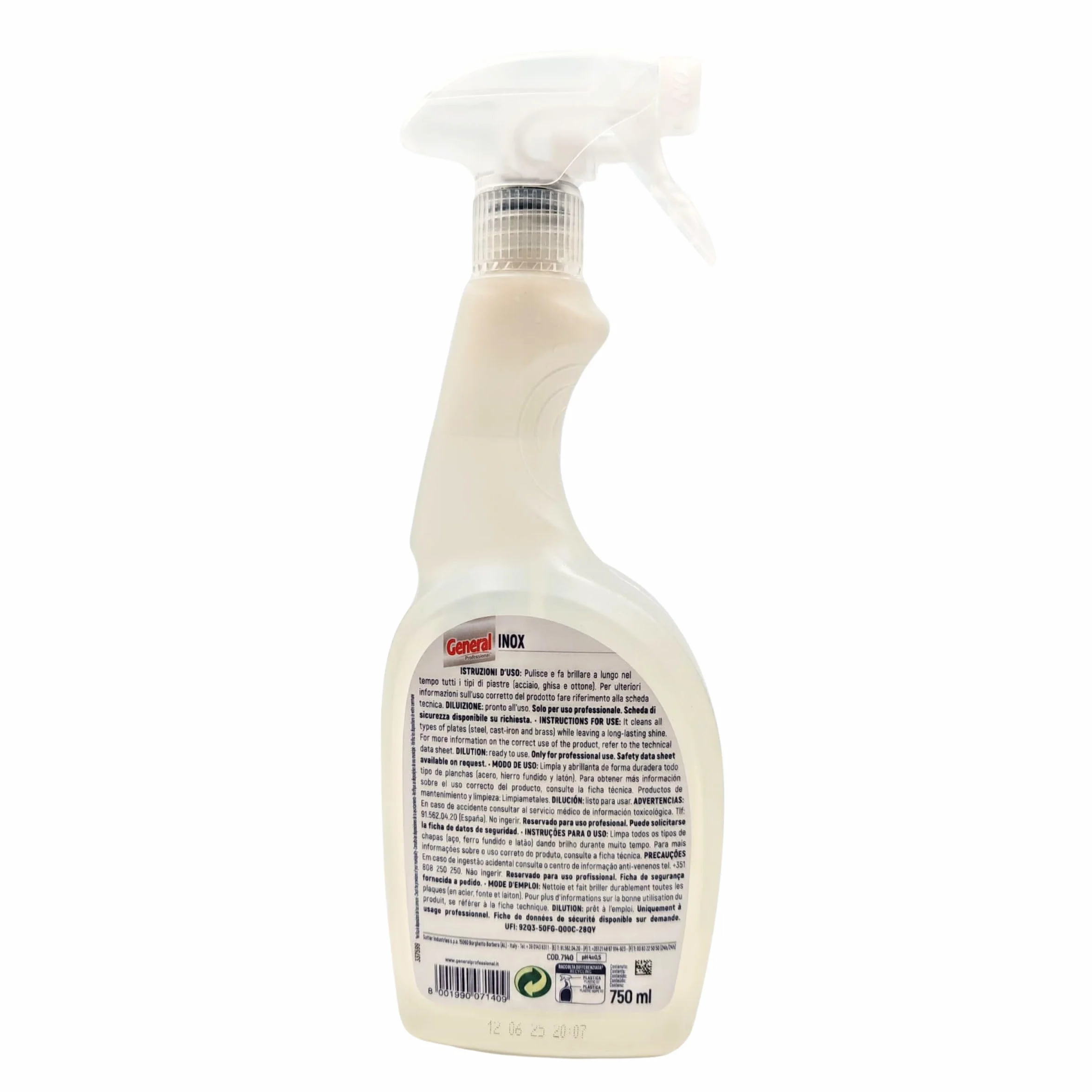 Inox Pulitore Rapido e Lucidante 750 ml - Effetto Brillante senza Aloni - Ideale per Acciaio, Ghisa e Ottone - Uso Professionale HACCP - Flacone Spray