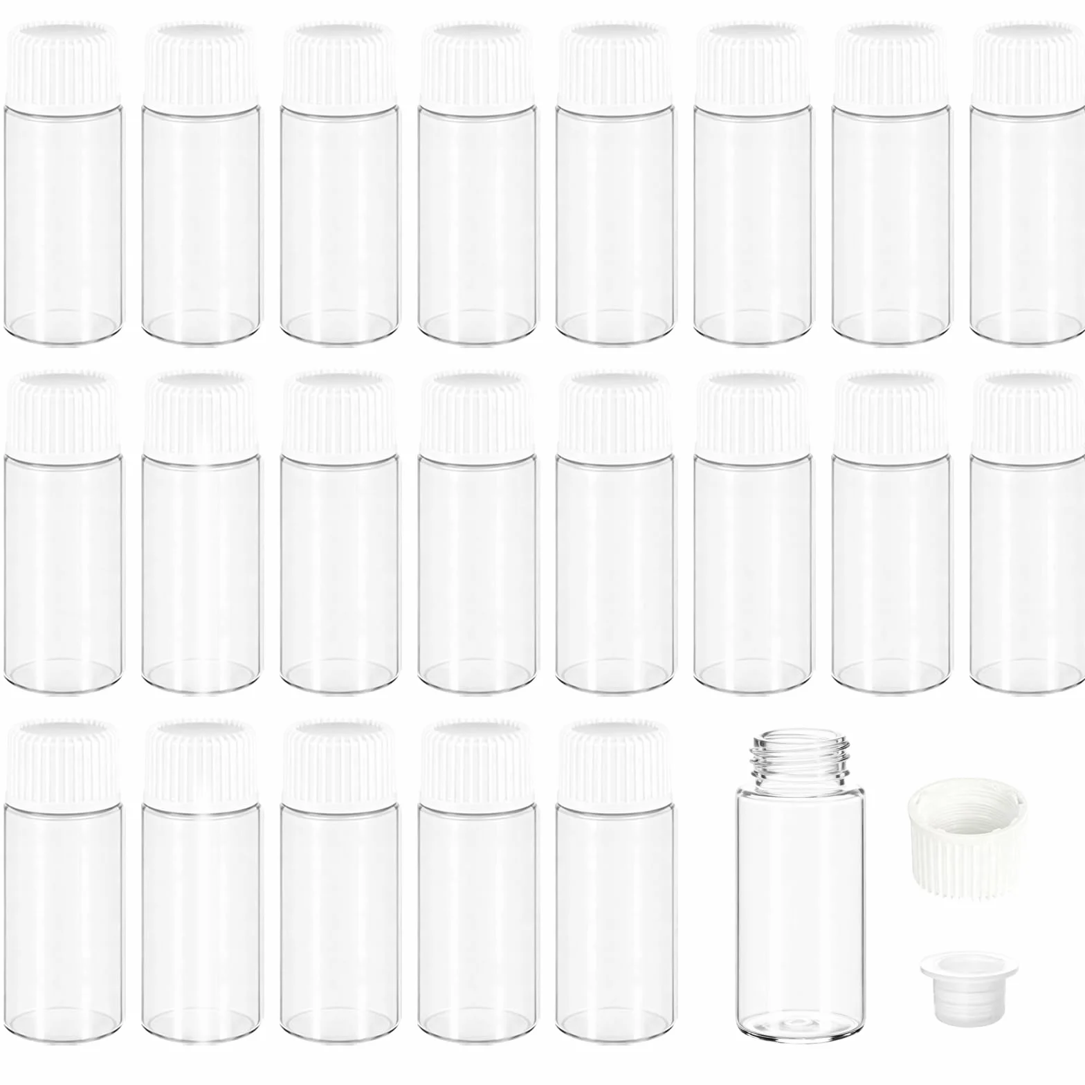 24 Pezzi Piccola Bottiglie di Vetro Campione,5ml Fiale di Vetro Trasparente Essential Oil Sample Glass Bottle Vial con Tappo a Vite in Plastica Contenitore