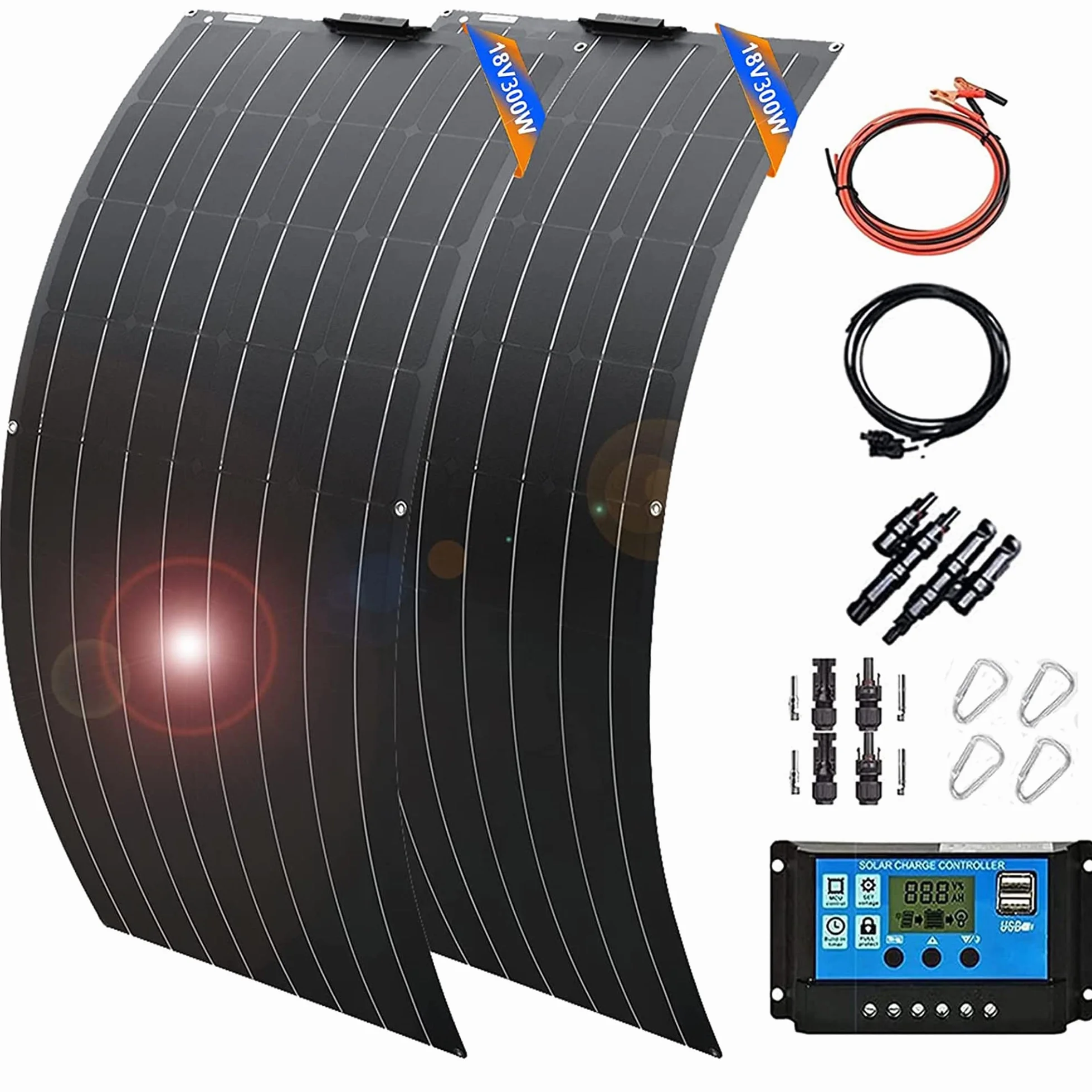 Pannello Solare 600 Watt Pannelli Solari Flessibili, 300W X 2 Pannello Solare, Modulo Ad Alta Efficienza Pv Caricatore di Alimentazione con Accessori