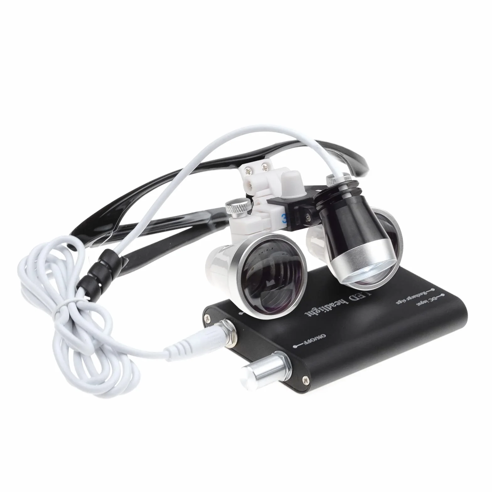 binocolo chirurgico 3,5 X, distanza di funzionamento 420 mm, in vetro ottico con luce a LED e scatola in alluminio