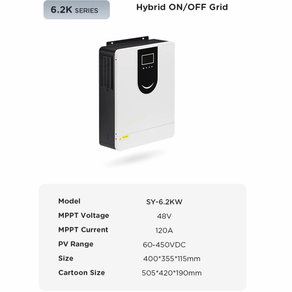 Inverter Solare Ibrido Da 6,2 Kw, Inverter Ibridi Con Regolatore Di Carica Solare Mppt Da 120 A, Carica Solare Con Doppia Uscita, Ingresso Pv Massimo 450 VDC, Inverter Su/Fuori Rete
