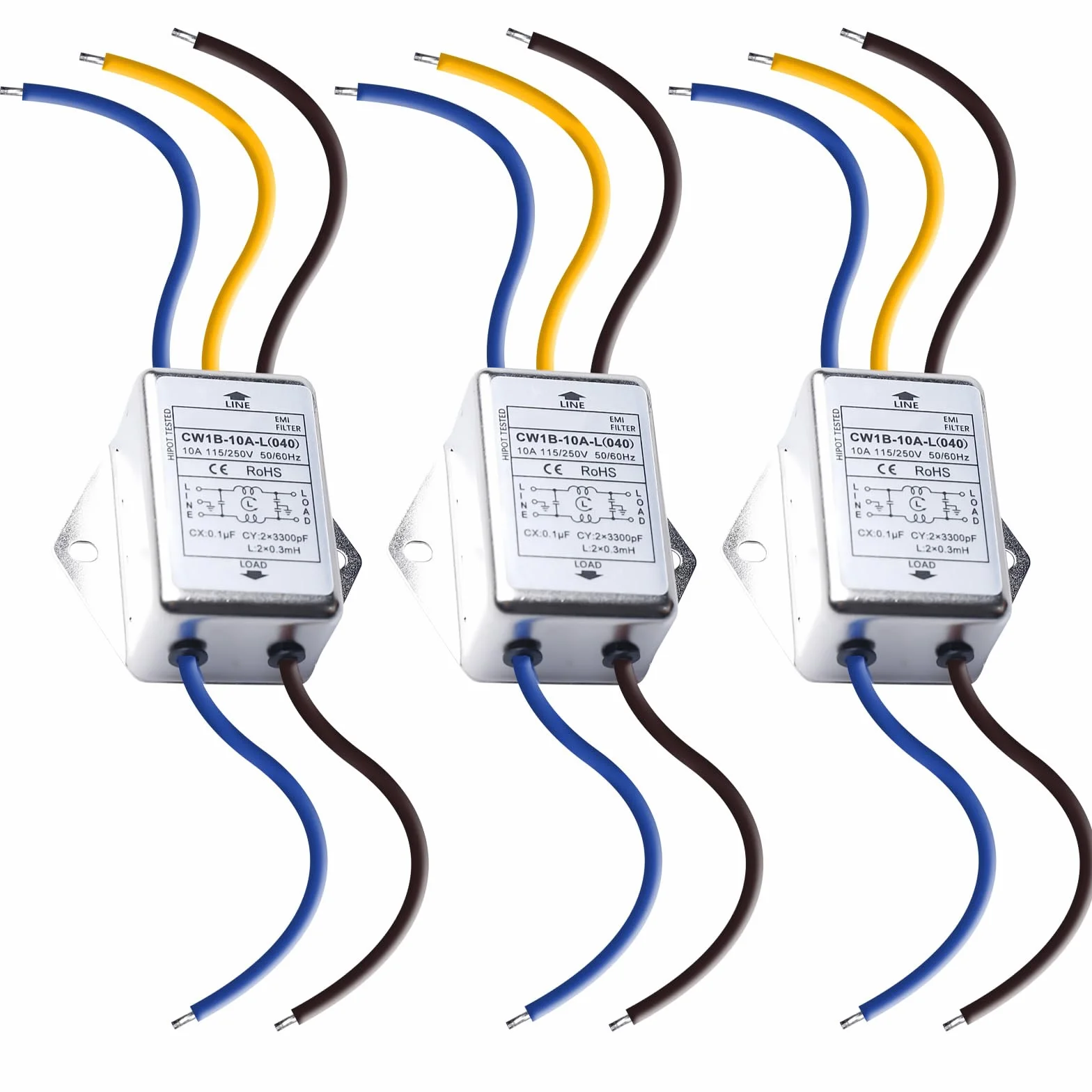 3 filtri EMI CW1B-10A-L - Filtro monofase 250 V 10 A, filtro elettromagnetico per la soppressione di disturbi impulsi continui e intermittenti