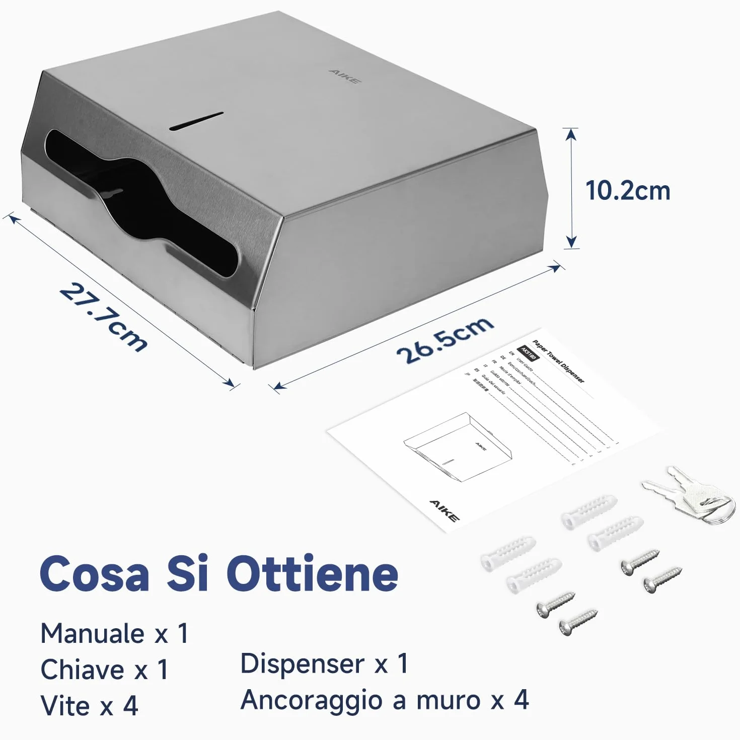 AIKE In Acciaio Inox Dispenser Carta Asciugamani 250 Fogli Montato A Parete per H2 & Z-Fold 27 x 10 cm