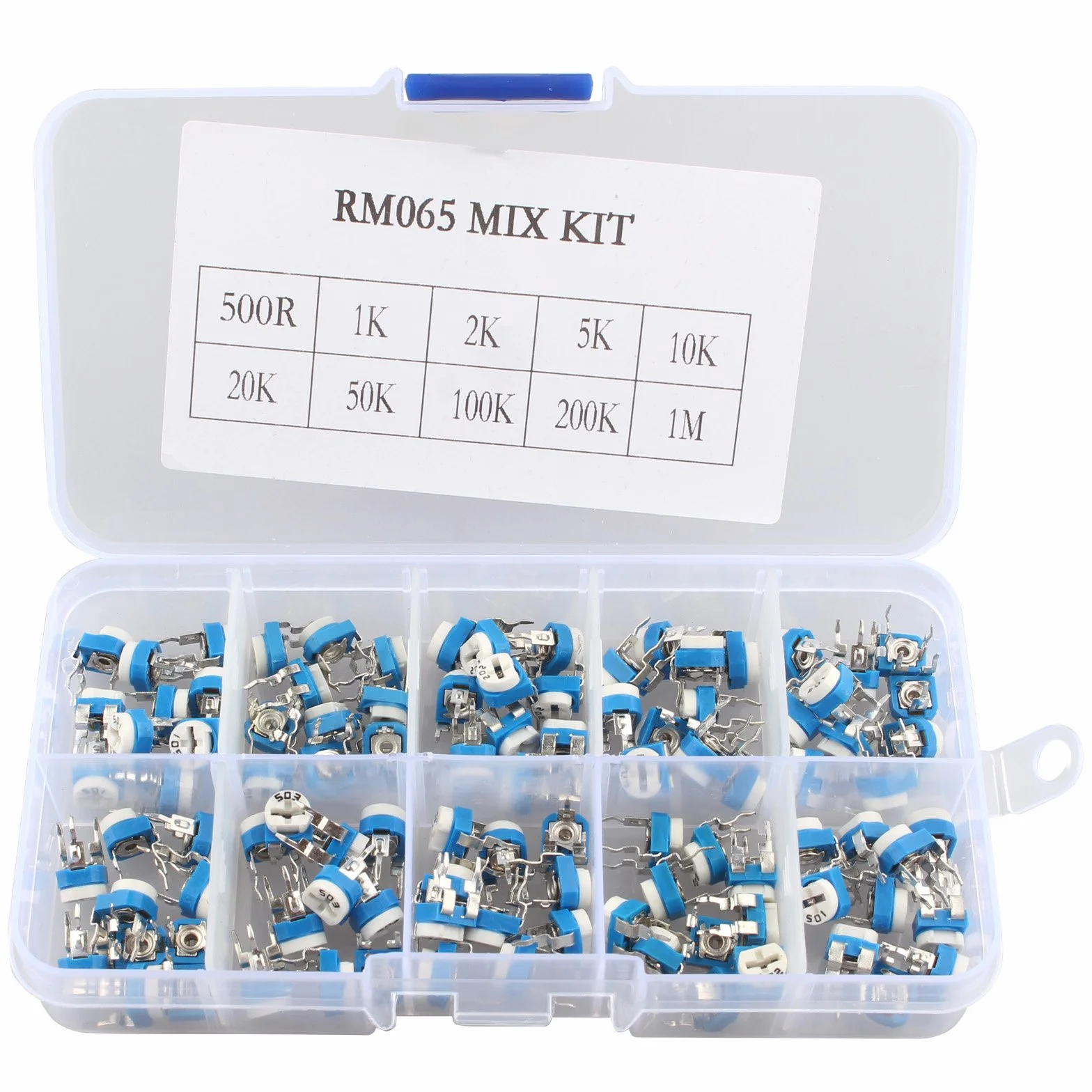 RM065 kit 100 pezzi assortiti trimmer 6mm 10 valori potenziometri resistori variabili valigetta plastica