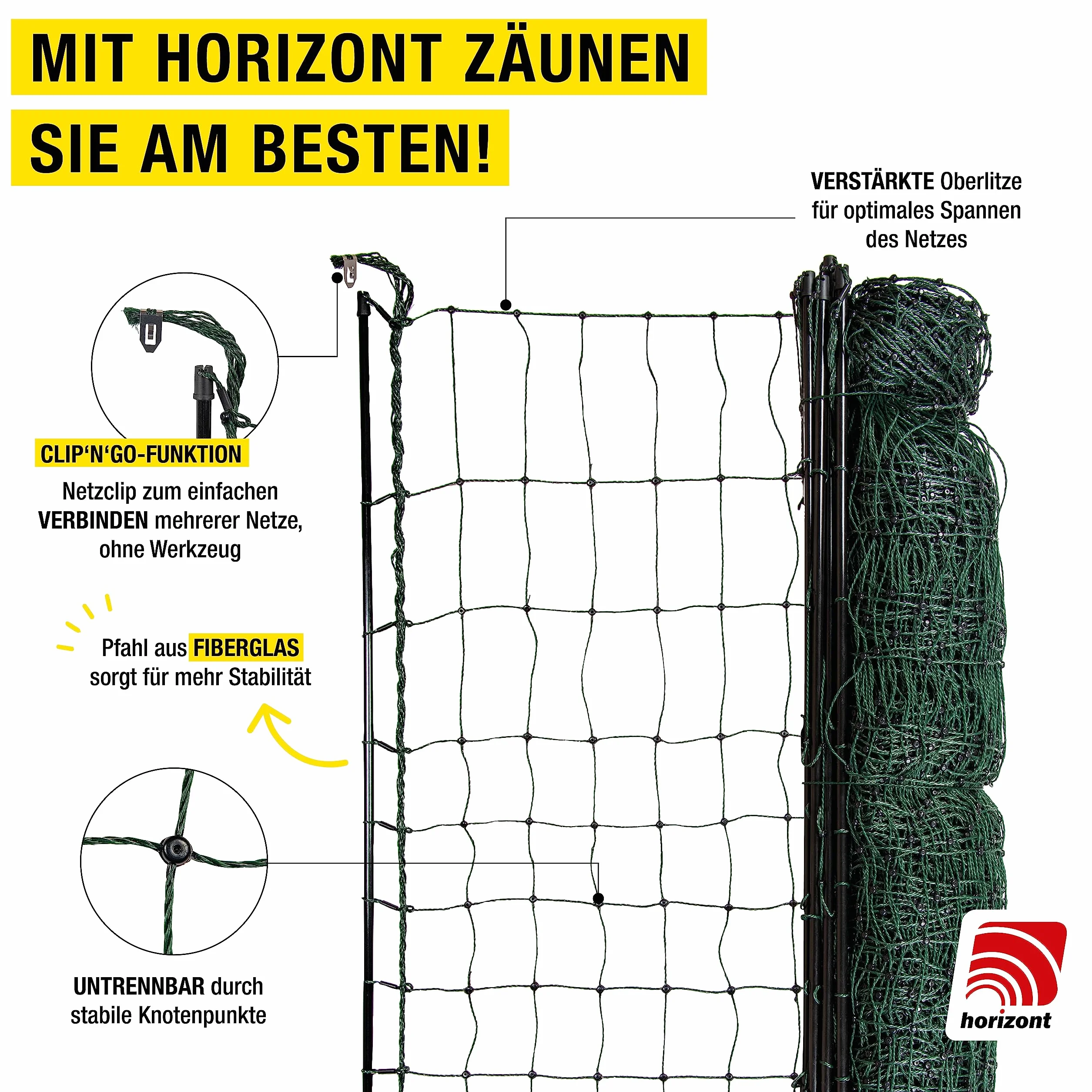 horizont recinto per pollame Strong Line 110, 15 pali in fibra di vetro a doppia punta lunghi 50 m, alti 110 cm, tutti senza elettricità, recinto mobile per polli