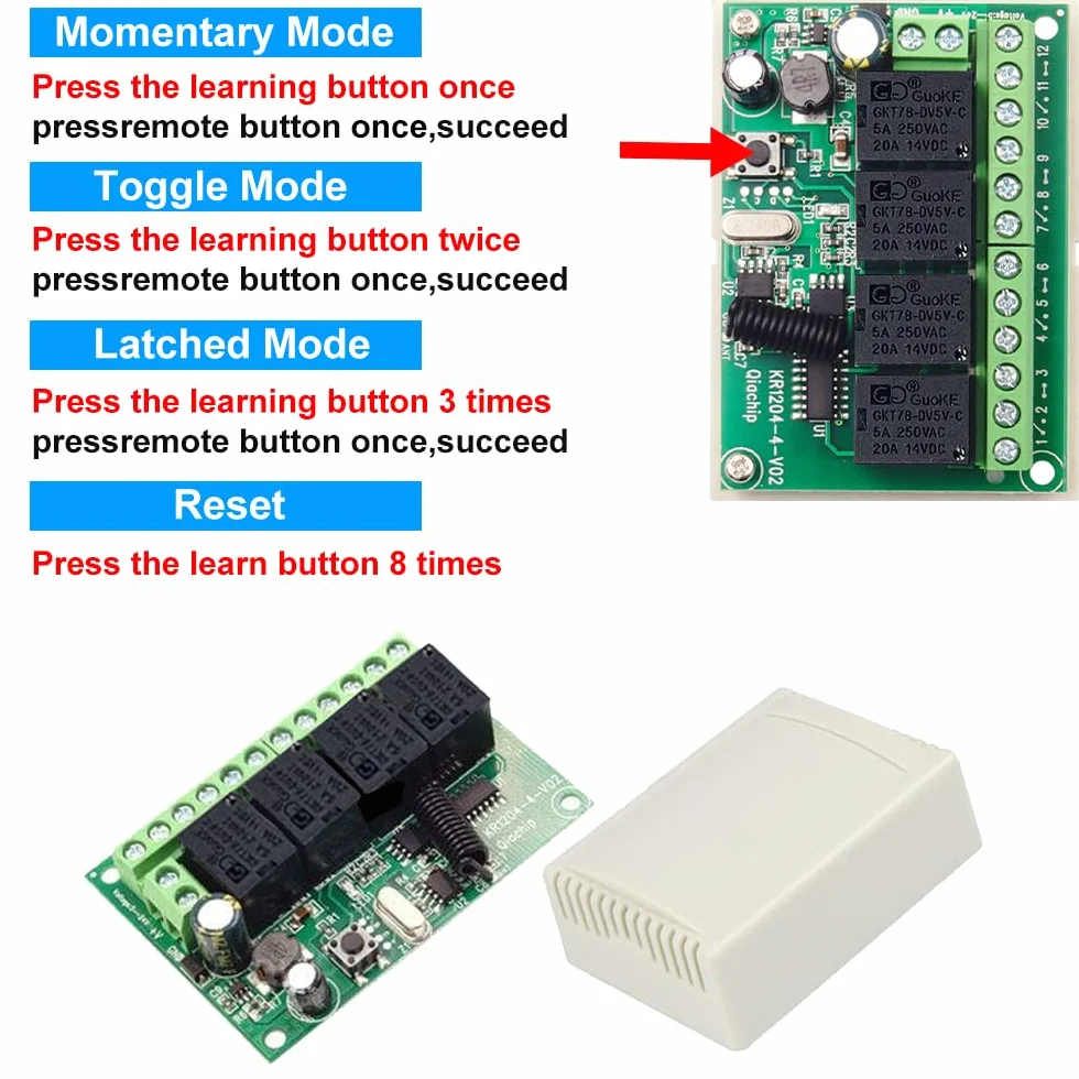 QIACHIP Interruttore di controllo remoto wireless DC 12V 24V 4CH 10A Ricevitore relè a radiocomando a 4 canali 433Mhz con 4 trasmettitori RF, per luci, porta del garage, motore