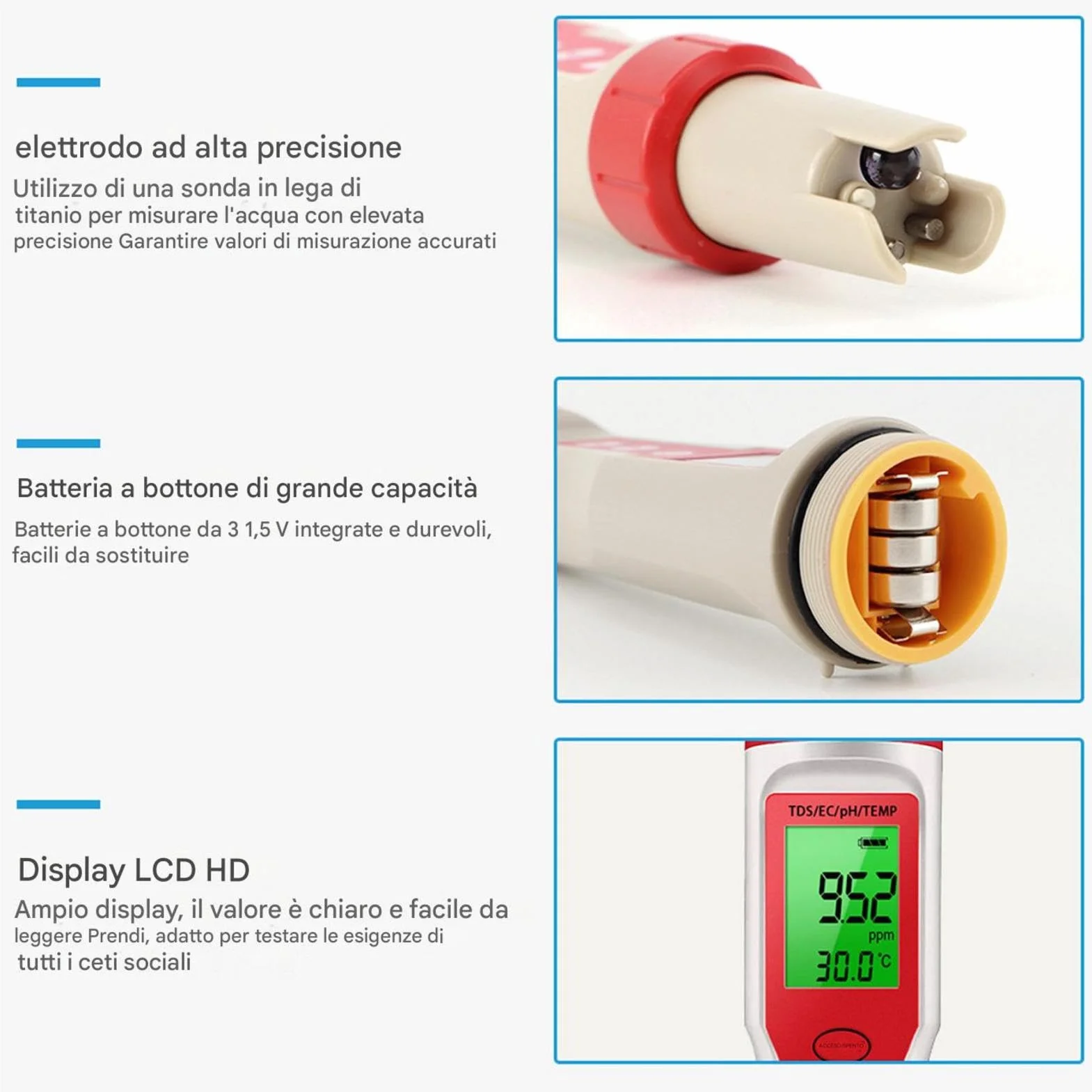 PH Reader per acqua, Water PH Tester, Elevata precisione 4 in 1 PH Digital PH METER, Misuratore di temperatura EC, strumento di test per i nutrienti che coltivano il giardinaggio idroponico