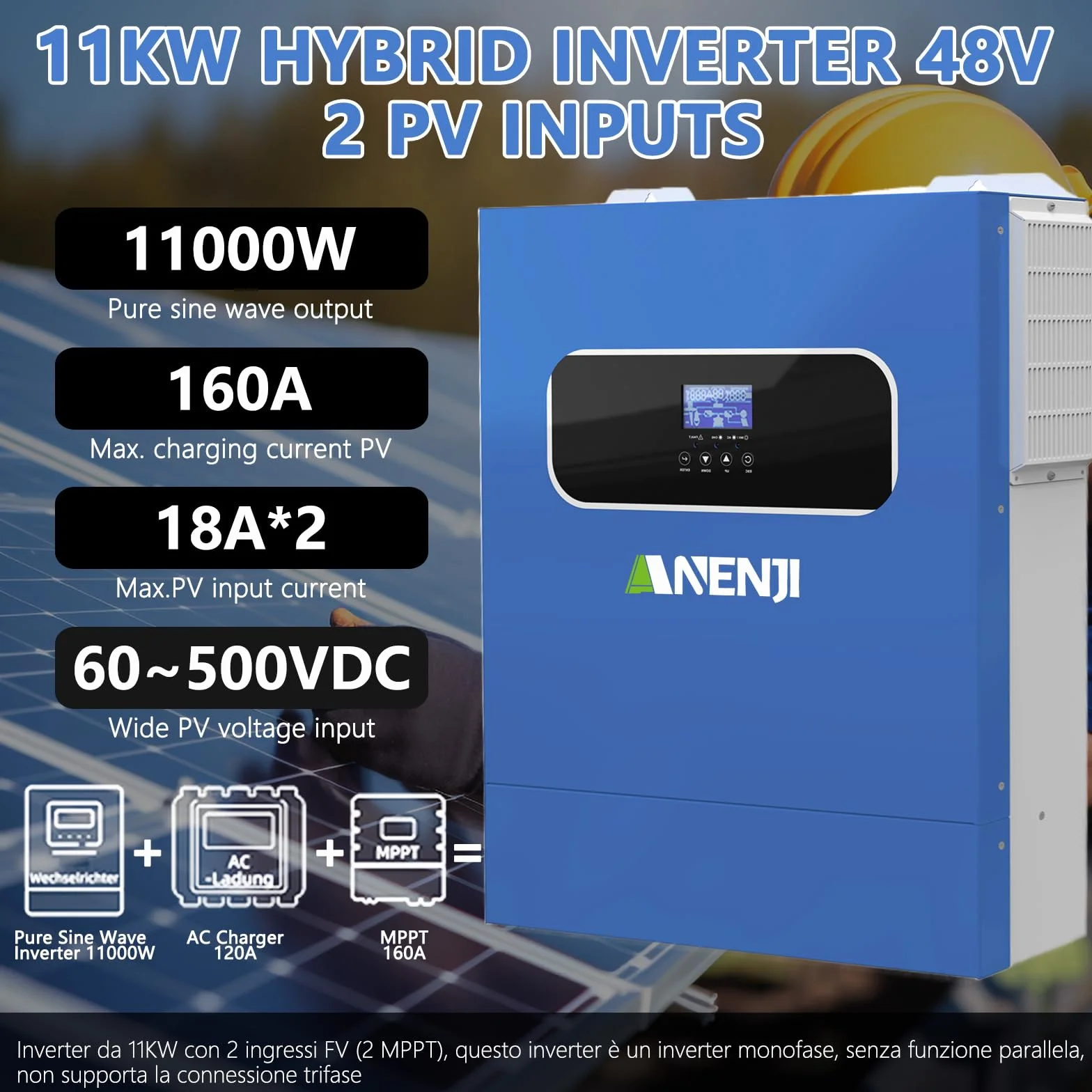 11KW Inverter ibrido 48V, 2 Ingressi FV, Funziona Senza Batteria, Inverter a Onda Sinusoidale Pura (WiFi/BMS), FV 60-500VDC, In Grado Di Immettere Energia In Rete, Con Modulo WiFi