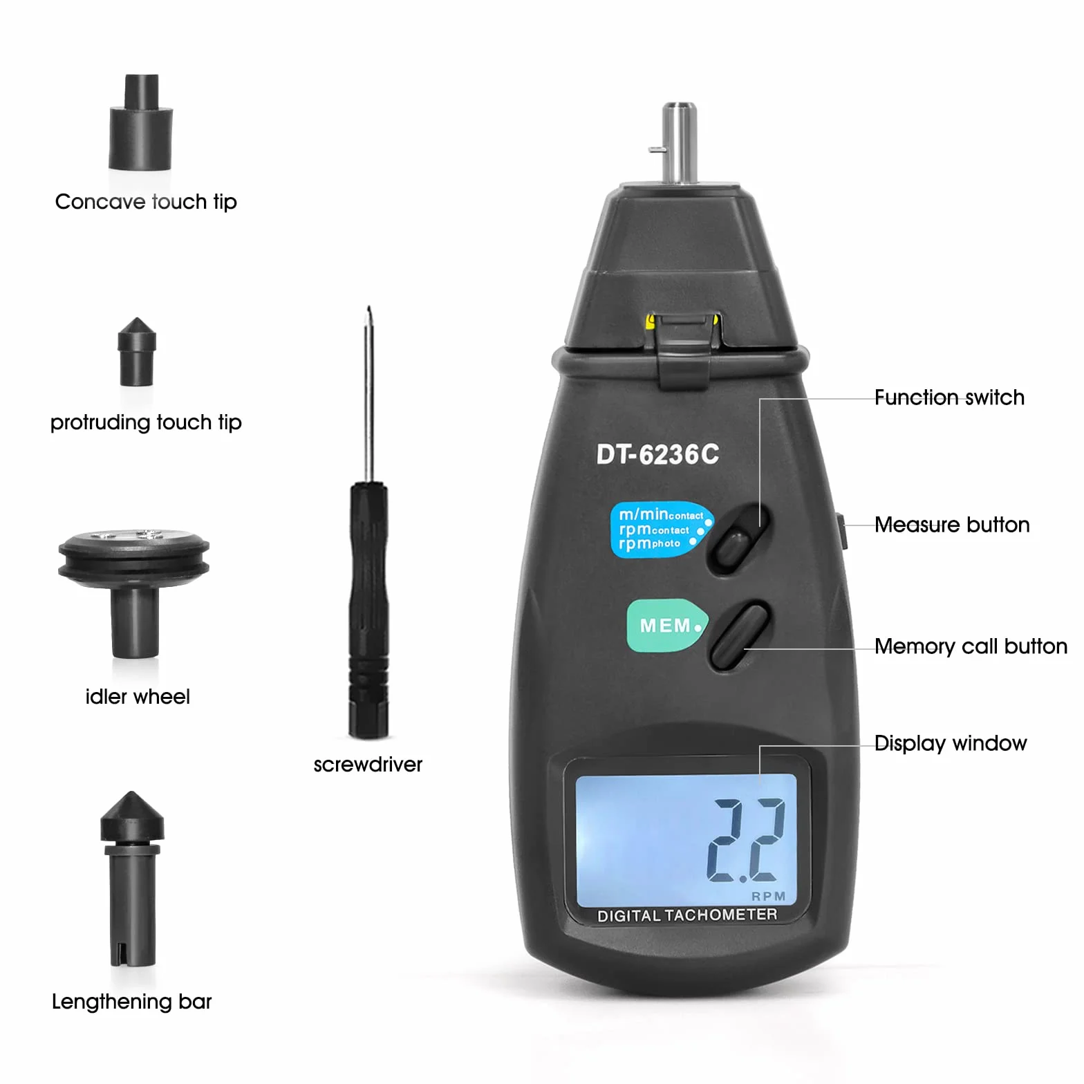Tachimetro digitale tachimetro fotografico laser, tachimetro a contatto GR-6236C con funzioni di blocco dati Max/Min/AVG Misuratore velocità di rotazione fotografico con nastro riflettente