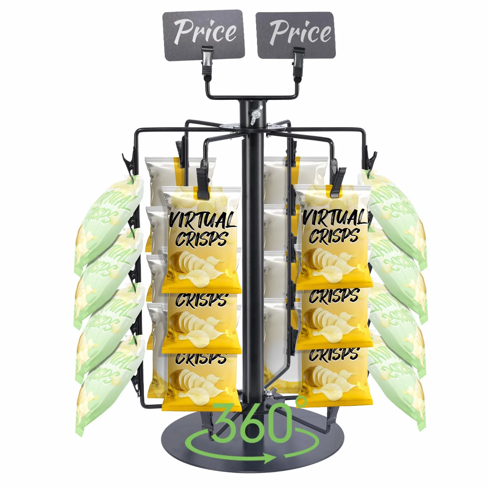 SINBLUE Espositore per patatine fritte, 6 file con 30 clip, supporto per caramelle, girevole a 360°, organizer per snack per negozi al dettaglio