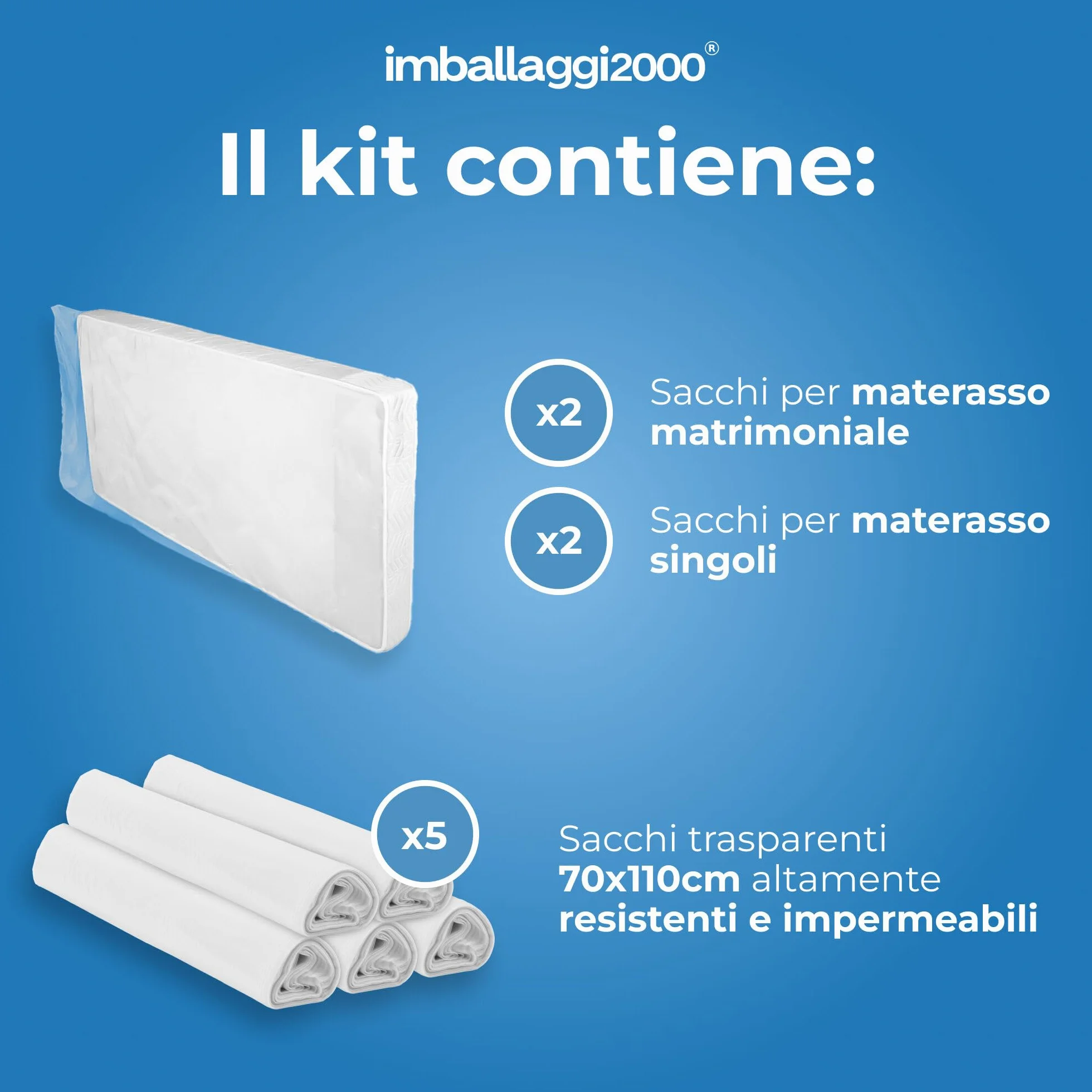 IMBALLAGGI 2000 - Kit Trasloco Appartamento 90mq - Scatoloni, Scatole Porta Abiti, Nastri da Imballo, Fogli Carta, Rotoli Pluriball, Sacco Materasso Matrimoniale e Singolo, Buste Porta Abiti