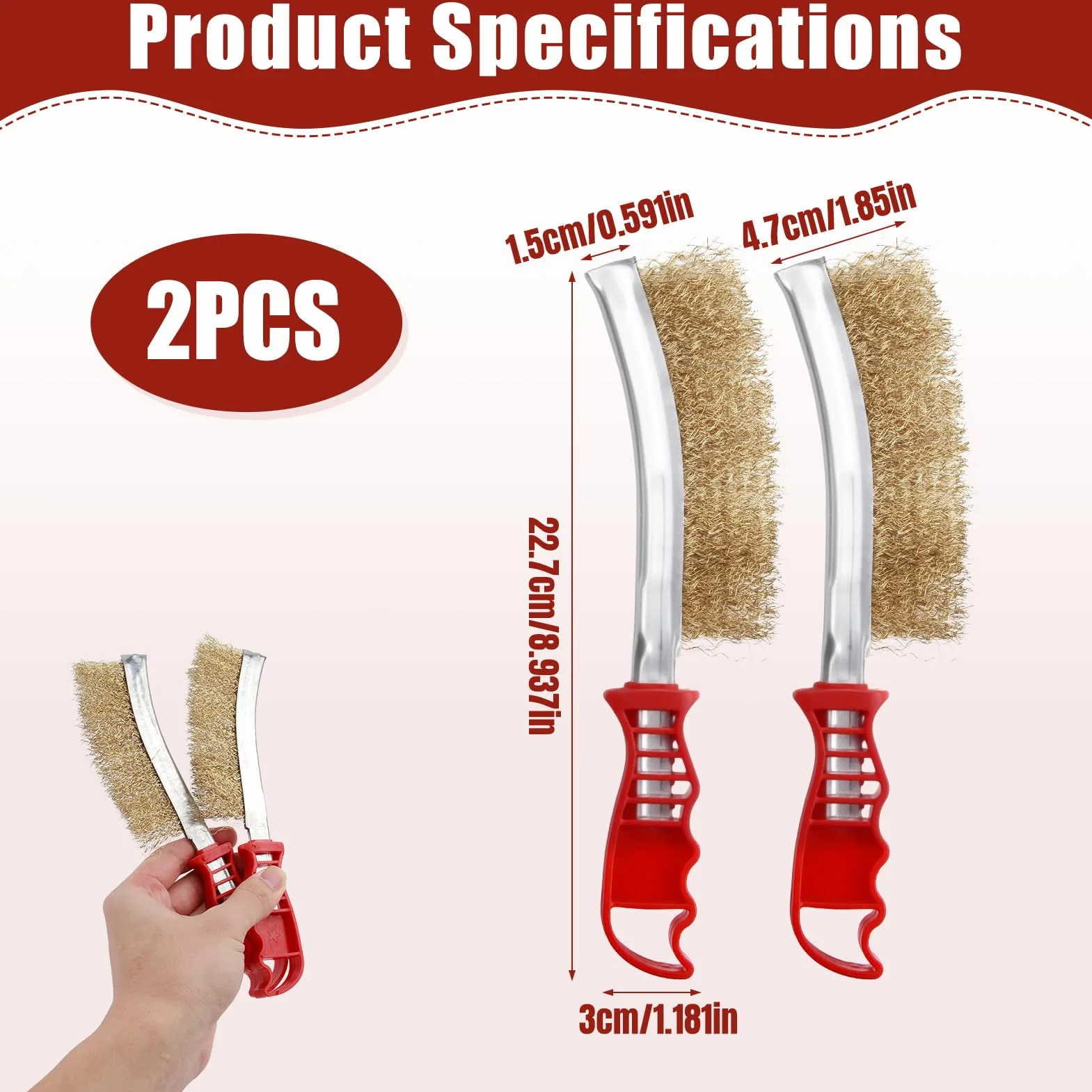 Set di 2 spazzole in ottone, spazzole metalliche, spazzola in ottone, spazzola in ghisa, spazzola in filo a mano con manico in plastica curvo per la pulizia di scorie di sudore e ruggine