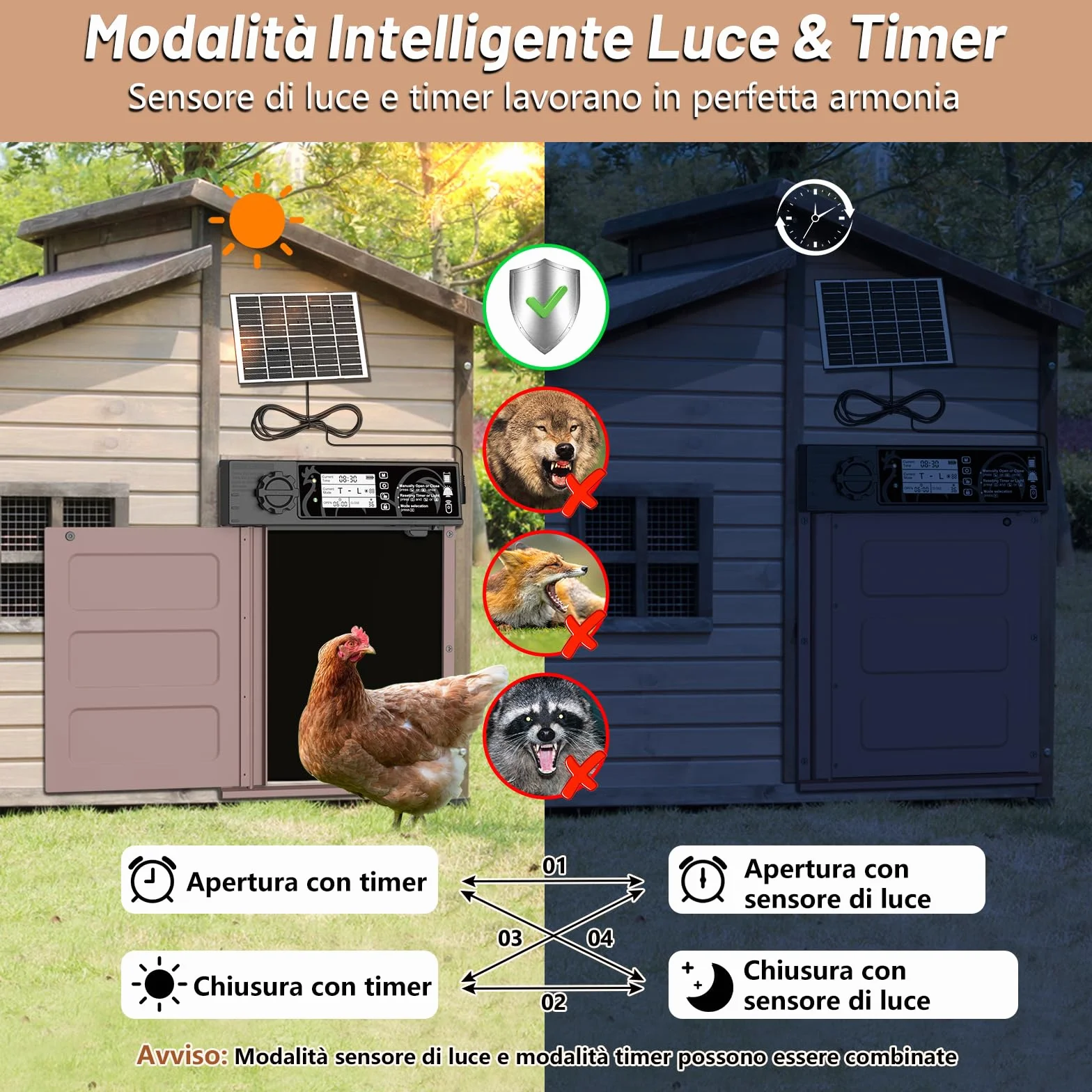 Porta pollaio Automatico con Display, Timer, Antipizzicamento, Impermeabile