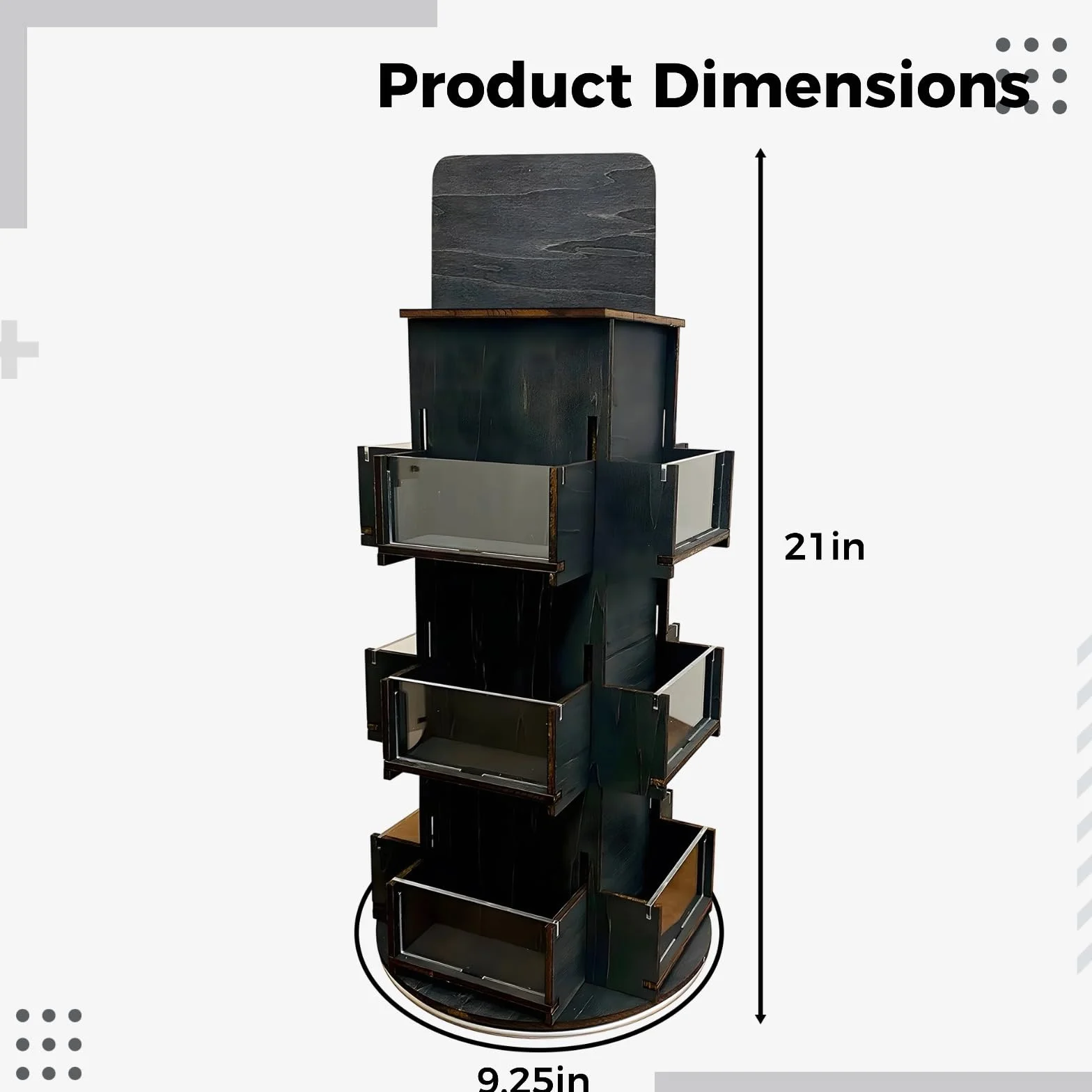 Scaffale organizer da banco in legno nero, espositore girevole a 3 livelli per venditori, espositore per adesivi alto 53,3 cm, diametro 23,6 cm, facile da montare