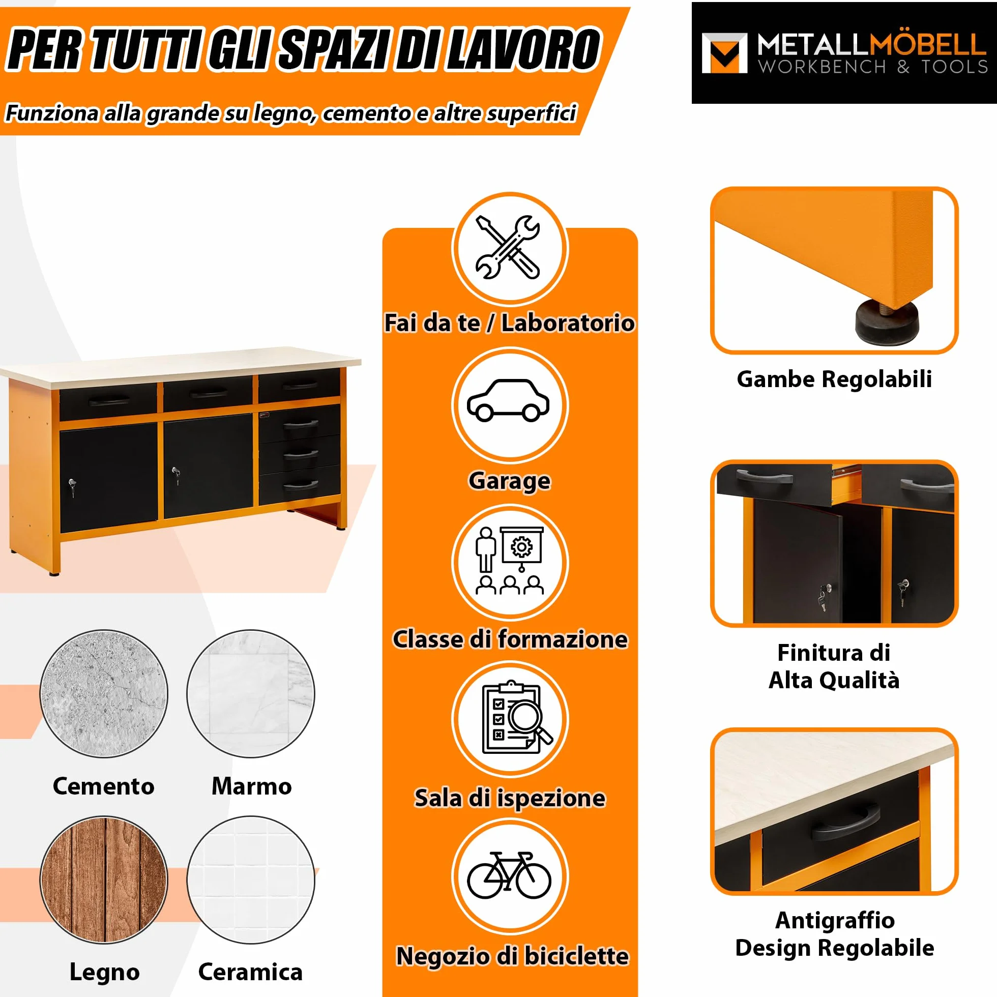 METALLMOBELL - Banco da Lavoro Officina, 160x60x84cm, con Cassetti e Armadietto, Tavolo da Lavoro Garage, Banchetto da Lavoro, Banco da Falegname, Banco da Lavoro Garage, Banco Lavoro MB010N