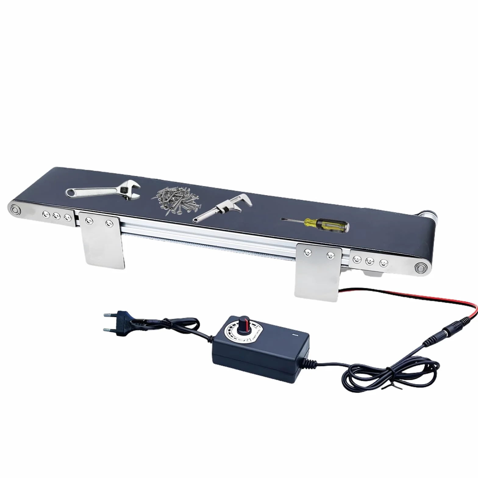 Mini Trasportatore Automatico in Acciaio Inox, DC 12 V Nastro Trasportatore Elettrico da Desktop con Adattatore, Velocità Regolabile, Studente Attrezzatura Didattica Esperimento di Attrito