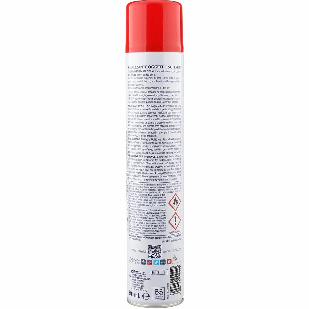 Milmil Strabilia Alcool Spray Igienizzante Oggetti e Superfici, Spray Disinfettante Ambienti Senza Risciacquo, Sanificatore Ambienti - 6 x 500 ML