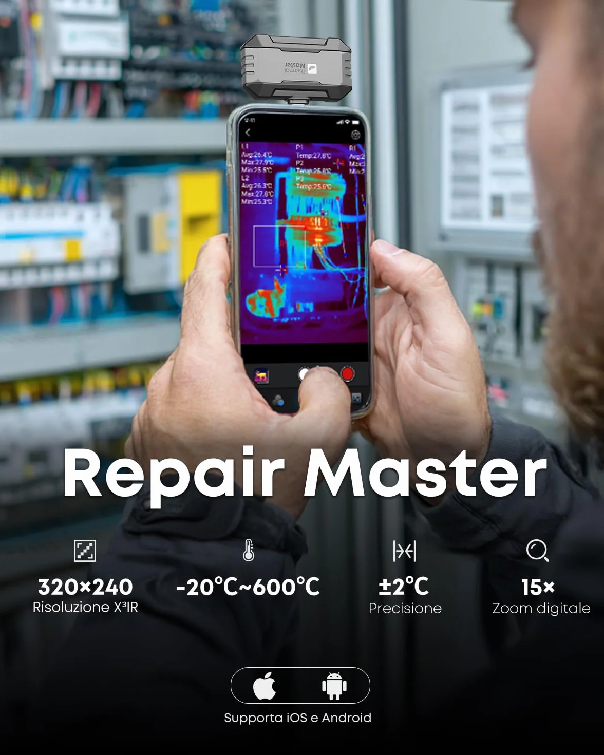 Telecamera termica Thermal Master P1 per iPhone 15/16 e Android | Fotocamera a infrarossi con risoluzione IR X³ 320x240, -20℃-600℃ | Ispezione domestica con zoom 15x