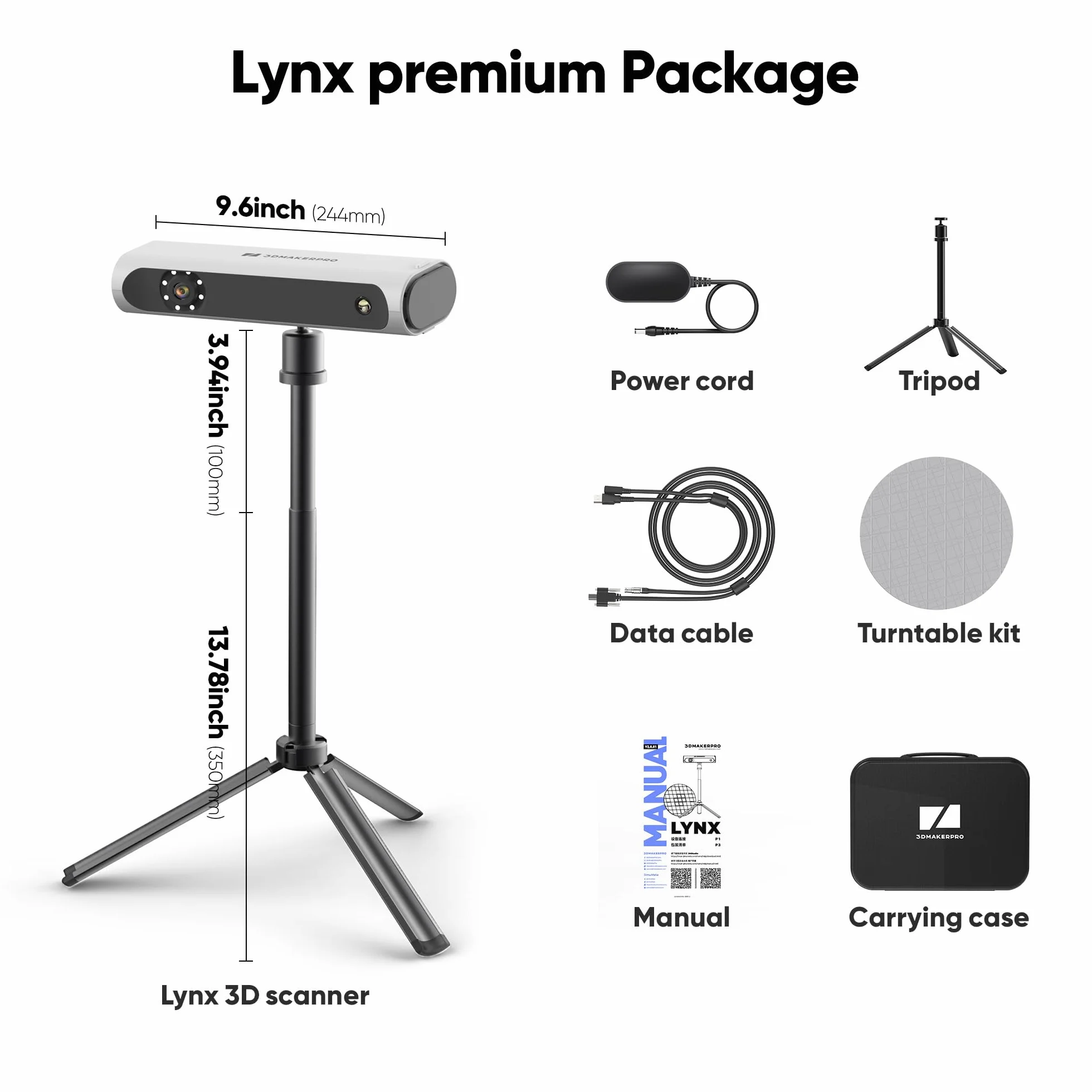 3DMakerpro Lynx Scanner 3D Precisione di 0,1 mm e velocità di scansione di 10 FPS Scanner 3D portatili con algoritmo di allineamento intelligente - Pacchetto Premium