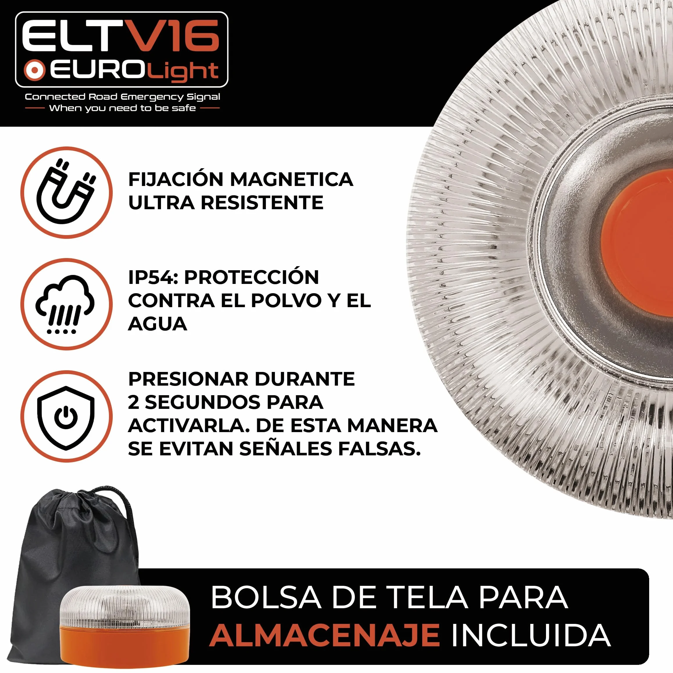 Luce di emergenza V16 con geolocalizzazione certificata e collegata con SIM DGT 3.0 Piano dati integrato incluso IP-54 Base magnetica con custodia inclusa