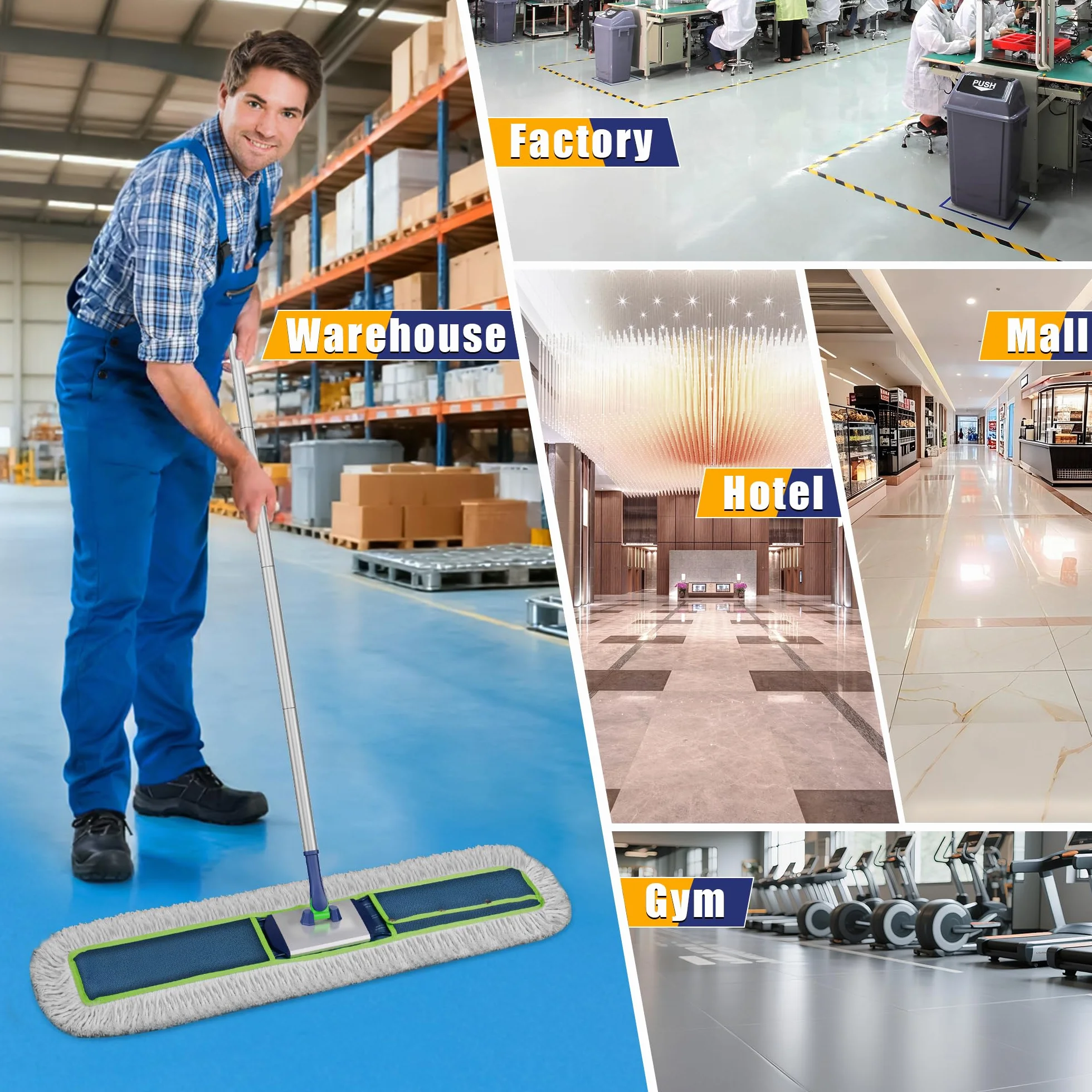 Mocio industriale piatto 104 cm per pavimenti in legno duro con 2 tamponi e manico 150 cm