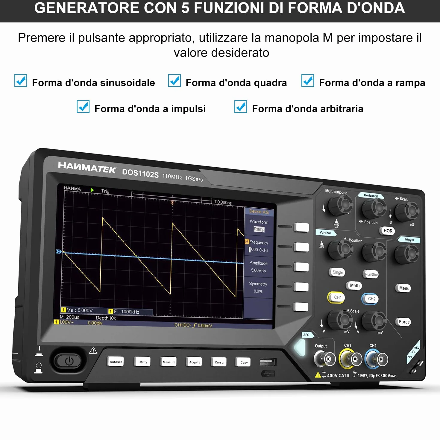 HANMATEK 2 in 1 Oscilloscopio Digitale Generatore di Degnale DDS con Larghezza di Banda 110 MHz, 2 Canali e Display TFT-LCD, Frequenza di Campionamento 500 MS/s *2
