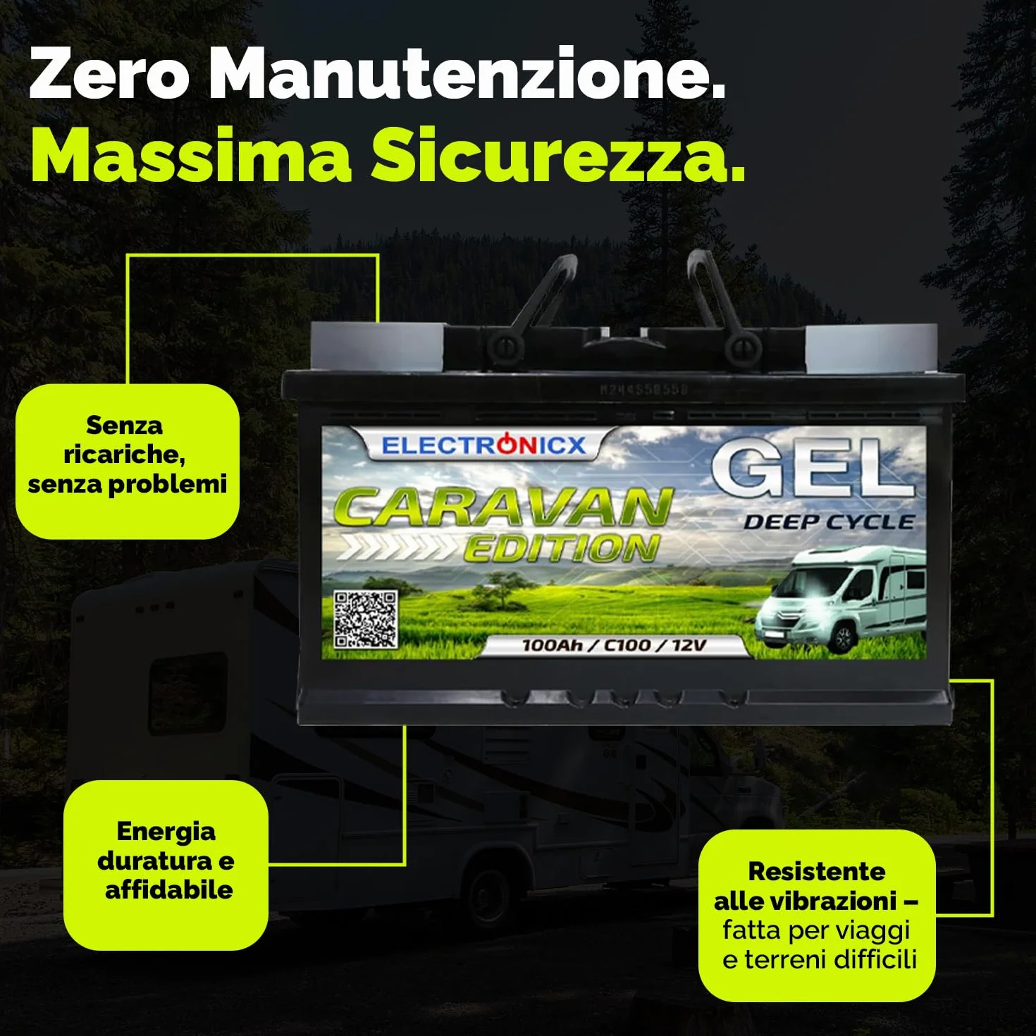 Batteria GEL 12V 100Ah Ciclo Profondo – Batteria Senza Manutenzione per Camper, Caravan, Barca, Casetta da Giardino, Sistemi Solari Off-Grid – Electronicx Caravan Edition