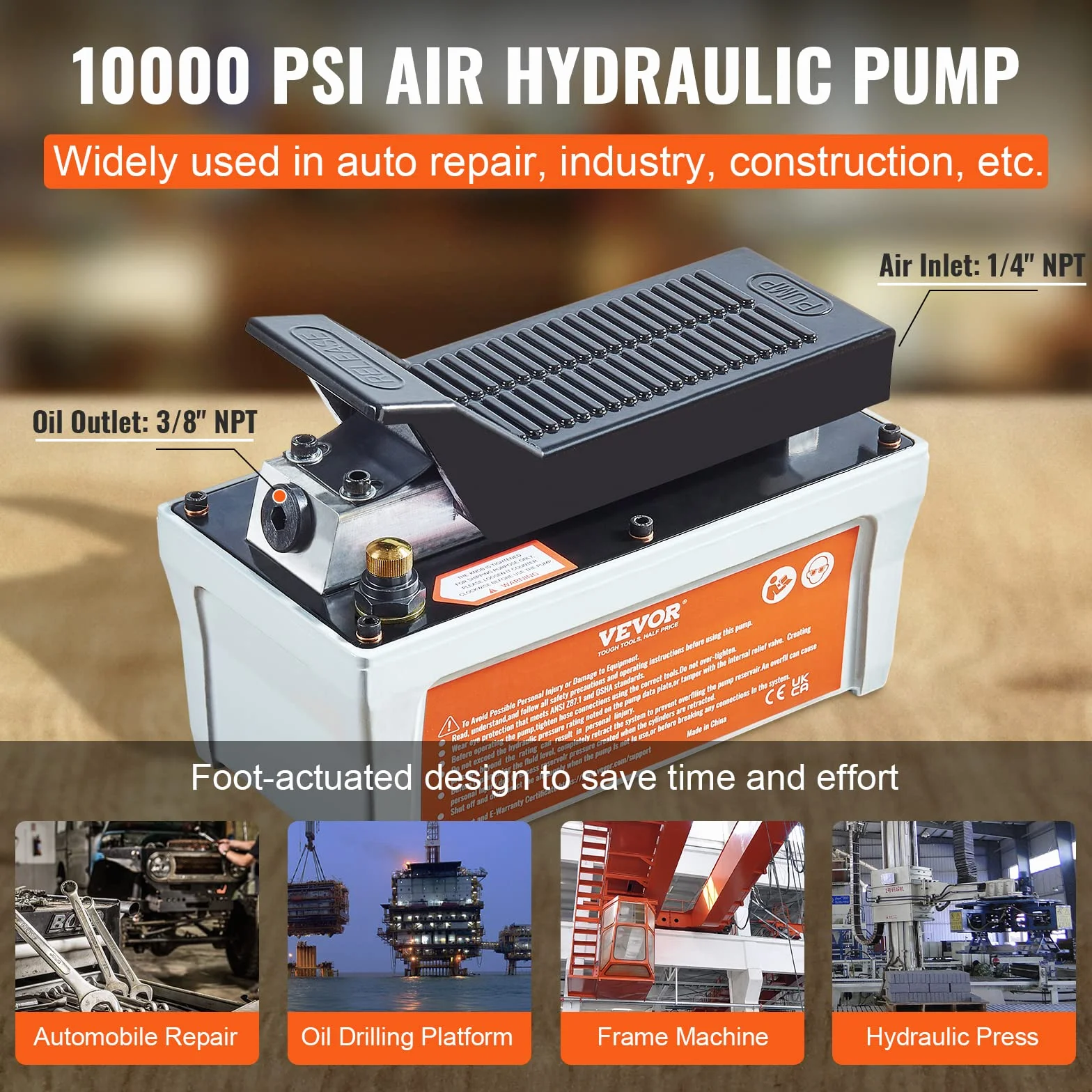 VEVOR Pompa Idraulica ad Aria Azionata da Pedale Ingresso Aria NPT 1/4" con Tubo 2m Capacità dell'Olio 1,6L, Pompa Pneumatica a Pedale Pressione Max. 10000 PSI con Tubo 2m Capienza del Serbatoio 1,6L