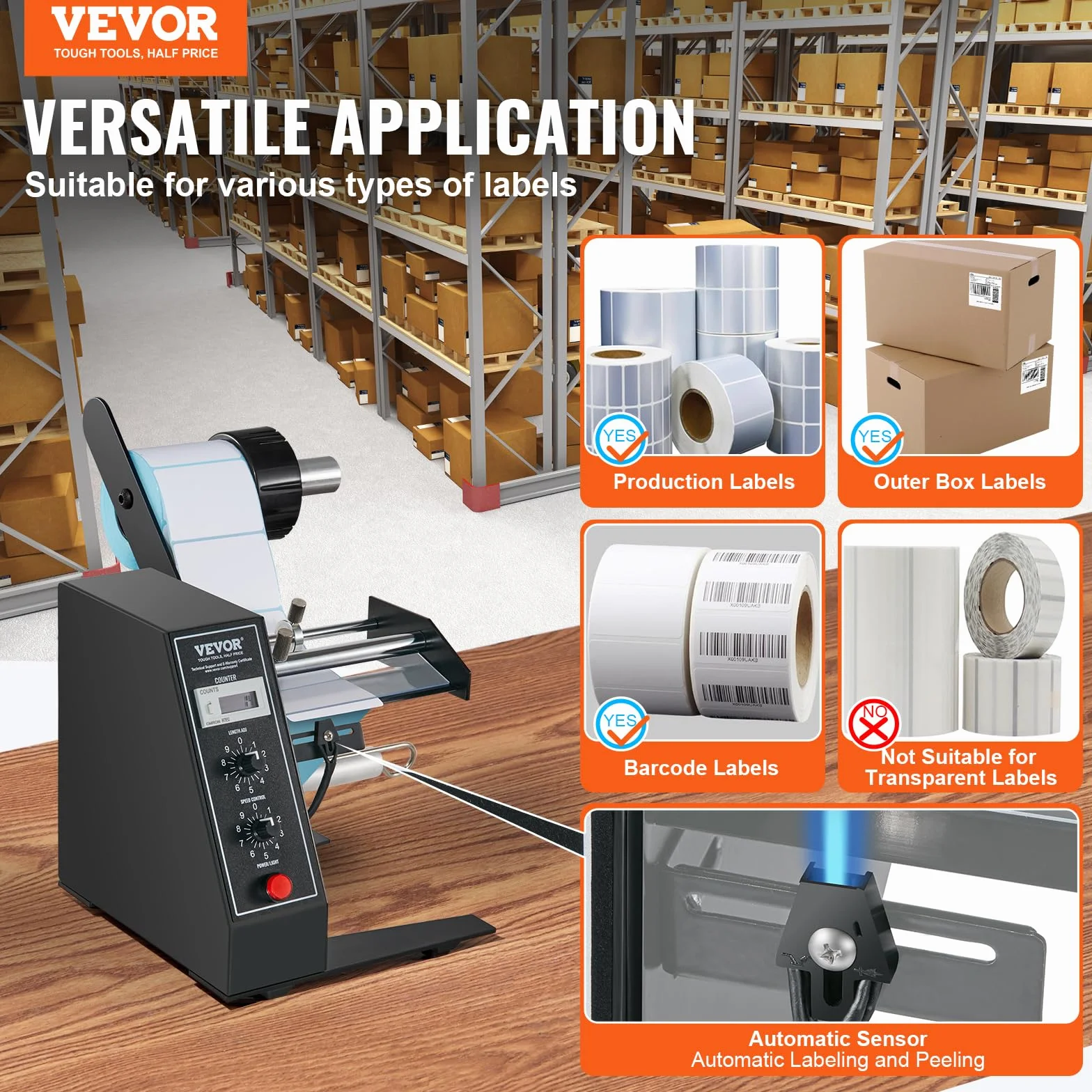 VEVOR DispensatoreAutomatico di Etichette, Larghezza 15-125 mm, Lunghezza 3-150 mm, ApplicatoreRapido a Velocità Regolabile, ConteggioAutomatico 0-999999