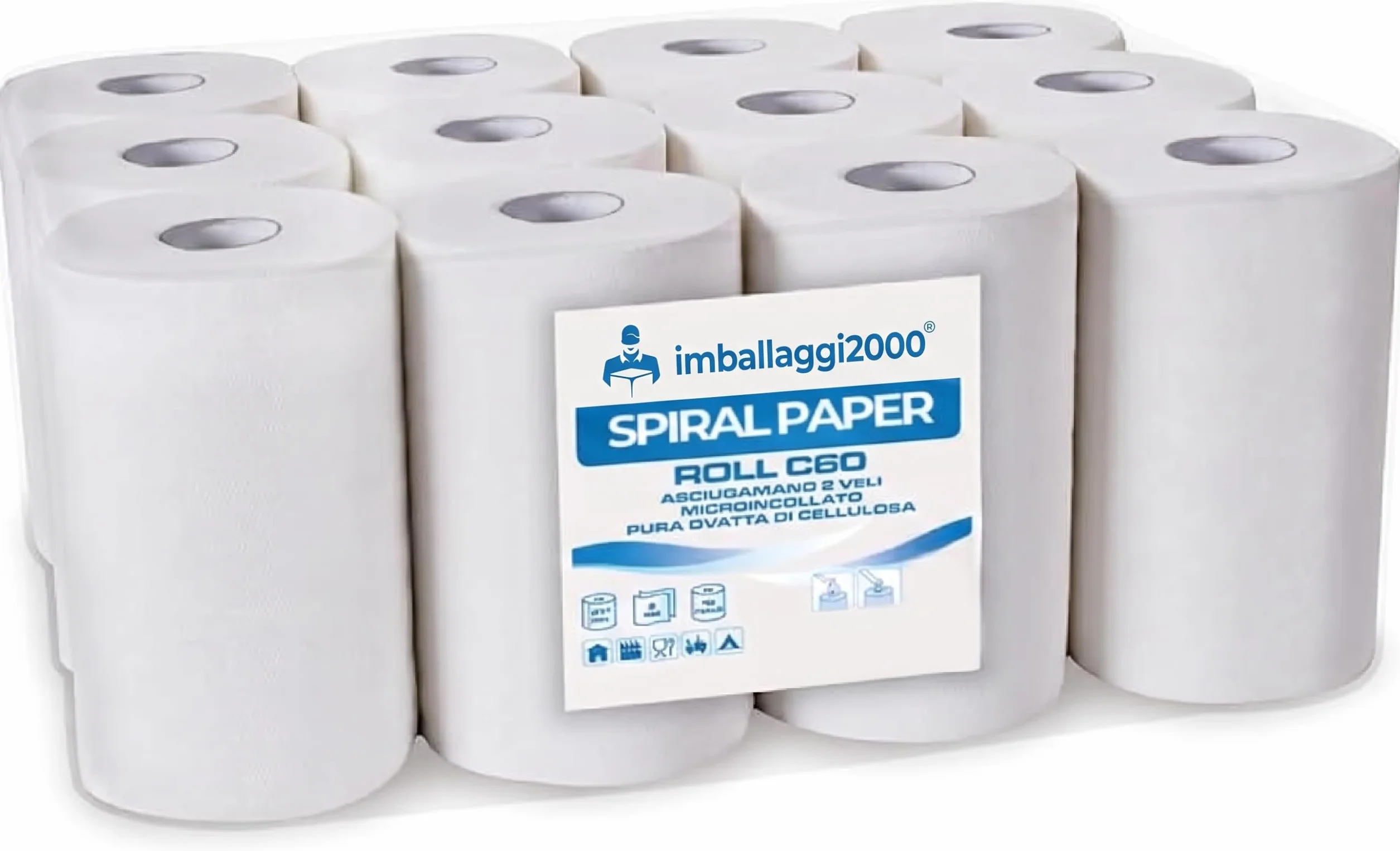 IMBALLAGGI 2000 - Rotoli Asciugamani Carta 2 Veli in Pura Cellulosa, 1 pack, Confezione da 12-220 Strappi Ogni Rotolo, Altezza 21.5 cm - Certificazione Ecolabel