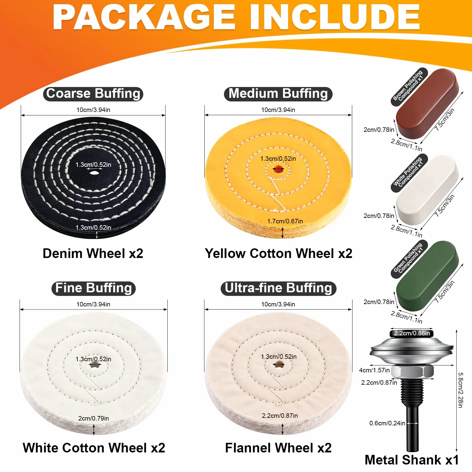 Kit da 8 Pezzi di Ruote Lucidanti da 100 mm – 4 Dischi Abrasivi con 3 Paste Lucidanti e Adattatore, Foro da 1/2" (12,7 mm), per Levigatrice a Banco, Trapano e Avvitatore (12)