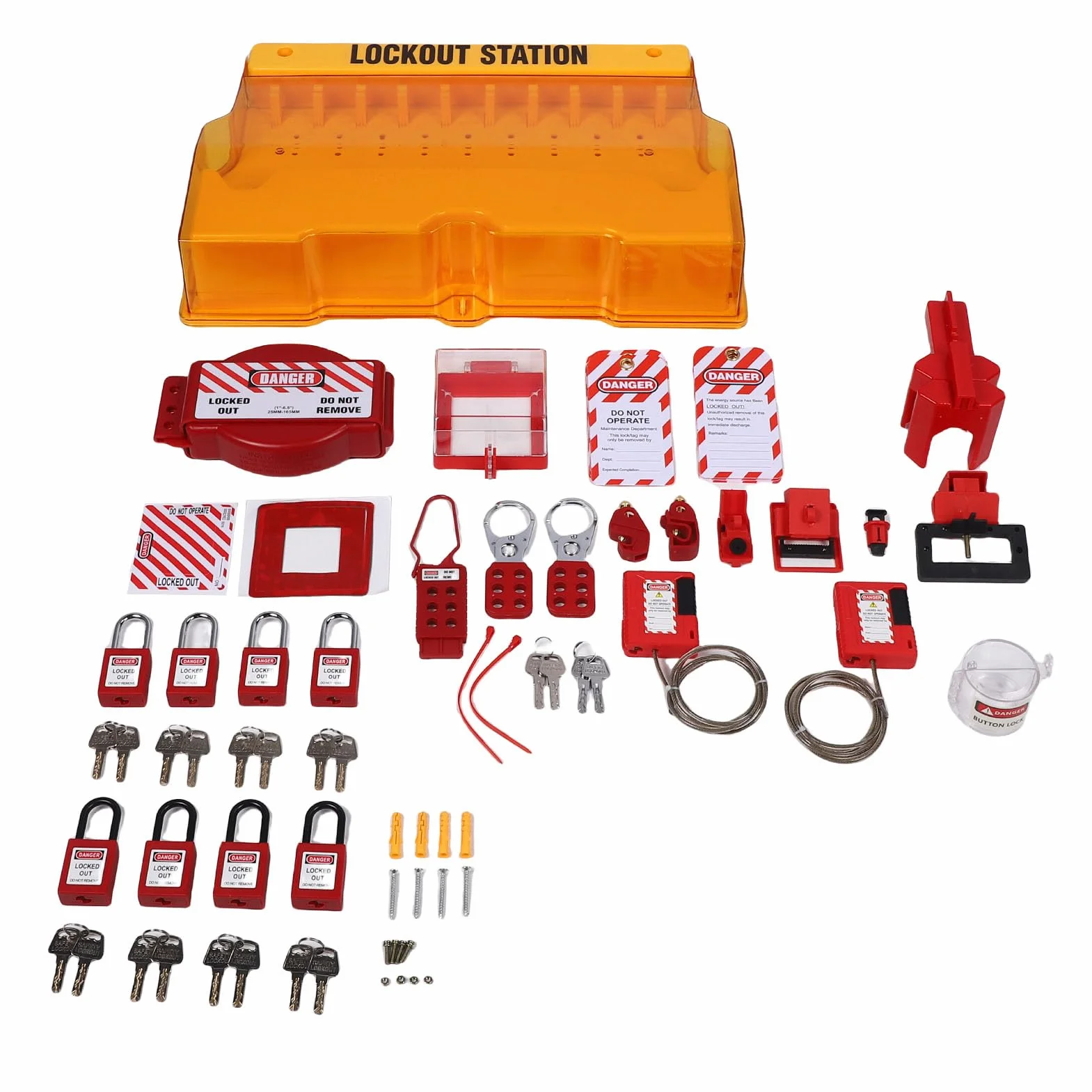 Keenso Stazione di Lockout Tagout Kit di Lockout per Montaggio a Parete su PC Giallo con 8 Lucchetti 20 Tag 3 Fermagli e Interruttori di per la Manutenzione Elettrica Industriale
