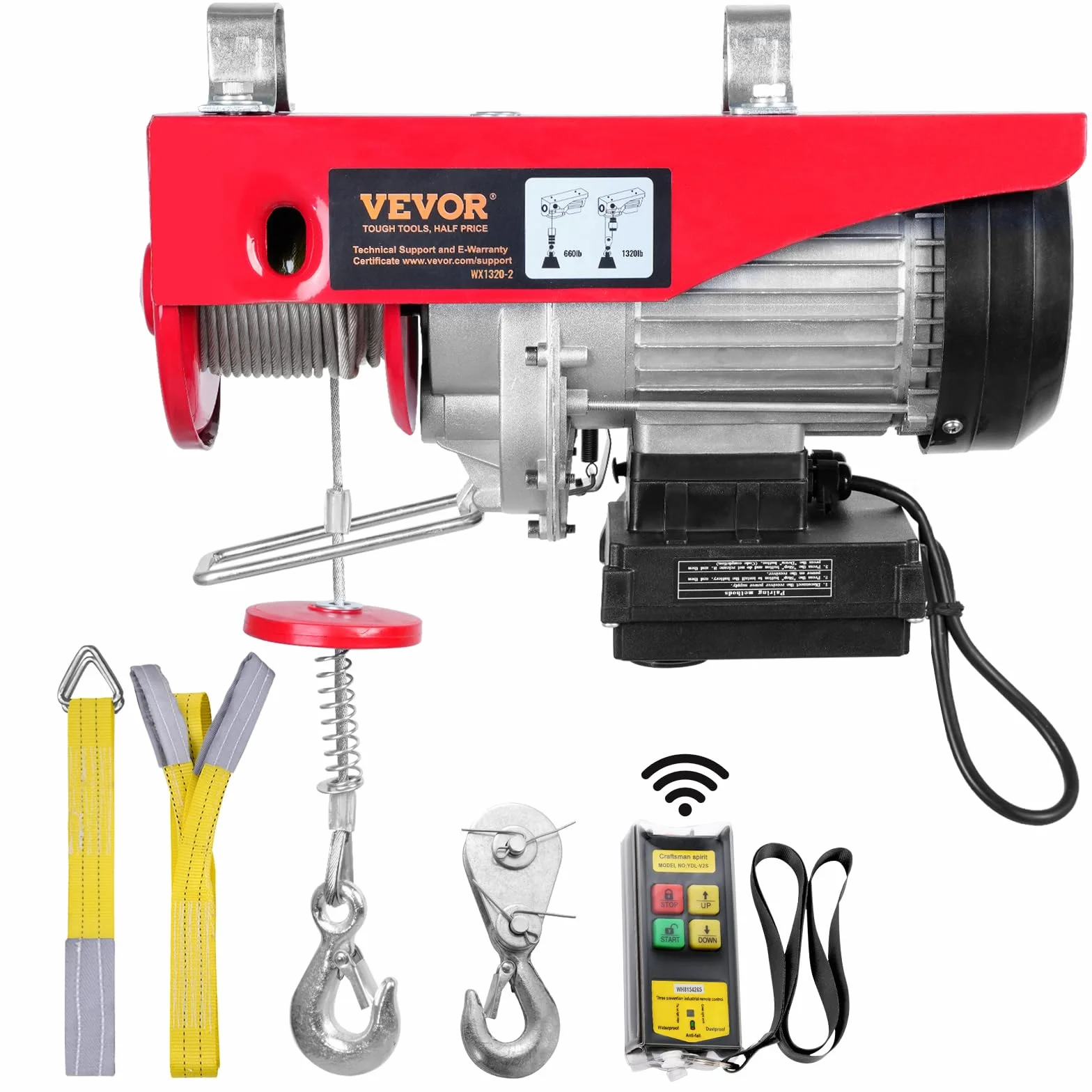 VEVOR Paranco a Leva Elettrico 1150 W Carico Max. da 600 kg Motore con Telecomando Senza Filo Distanza da 10m, Paranco Elettrico a Leva per Sollevamento Carico Velocità 10 m/min Altezza 12m
