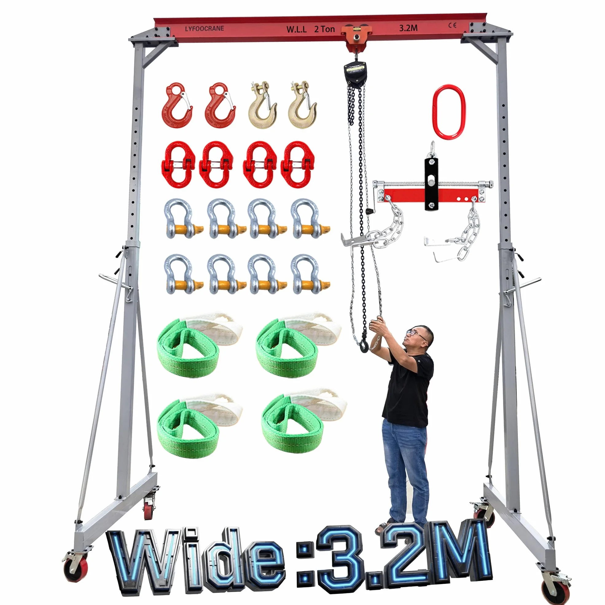 2T-3.2M - Gru portale regolabile, portata 2000 kg, altezza regolabile da 3 m a 4,2 m, gru mobile per portali 2T, gru da officina con copertura di sollevamento e kit di arresto | Gru portale regolabile extra large 2T-3,4 m