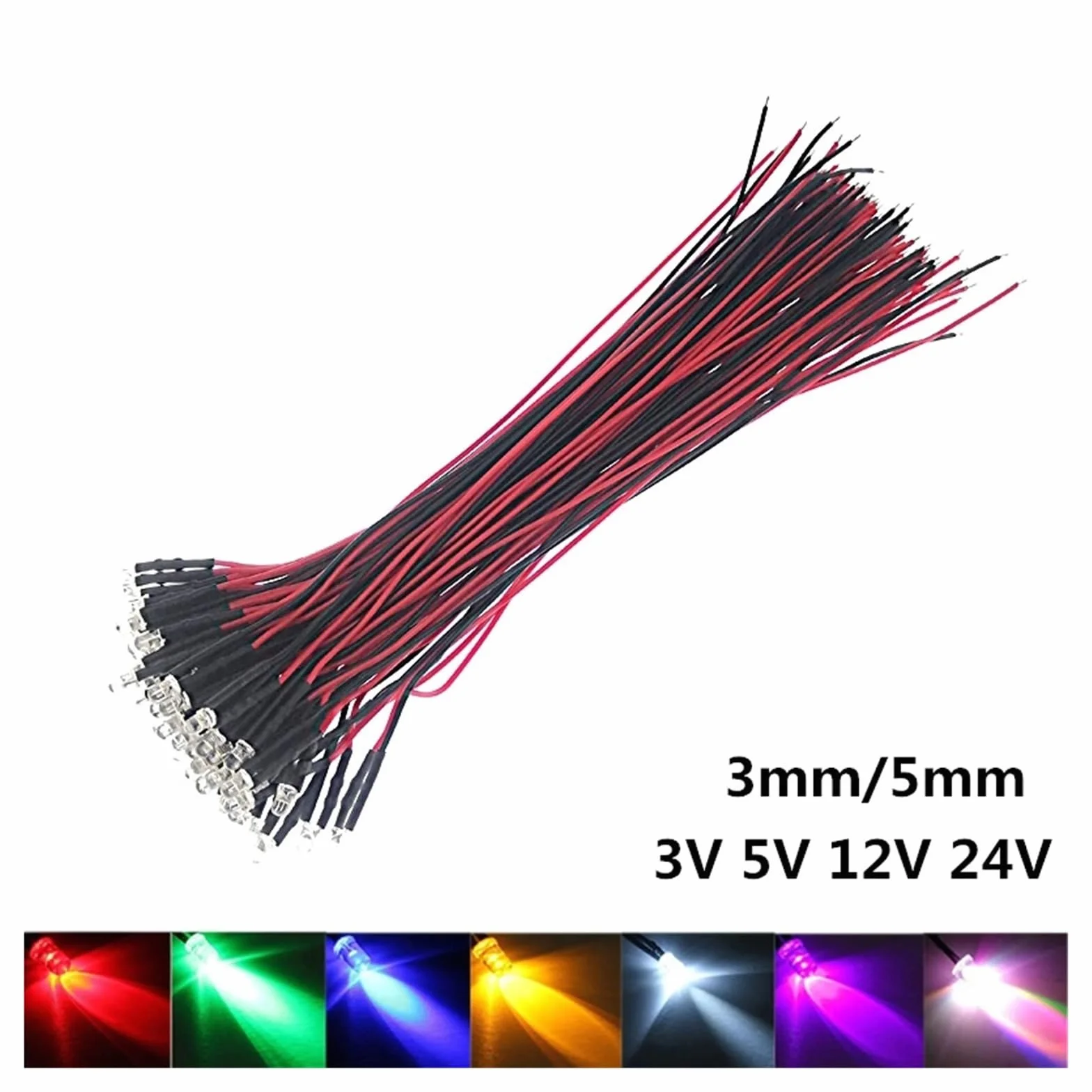 50 pz 3 V 5 V 12 V 24 V DC 3mm 5mm Diodi LED Rosso Verde Blu Giallo Arancione Rosa Bianco Caldo Precablato Cavo da 20 cm(5V 3mm,Orange)