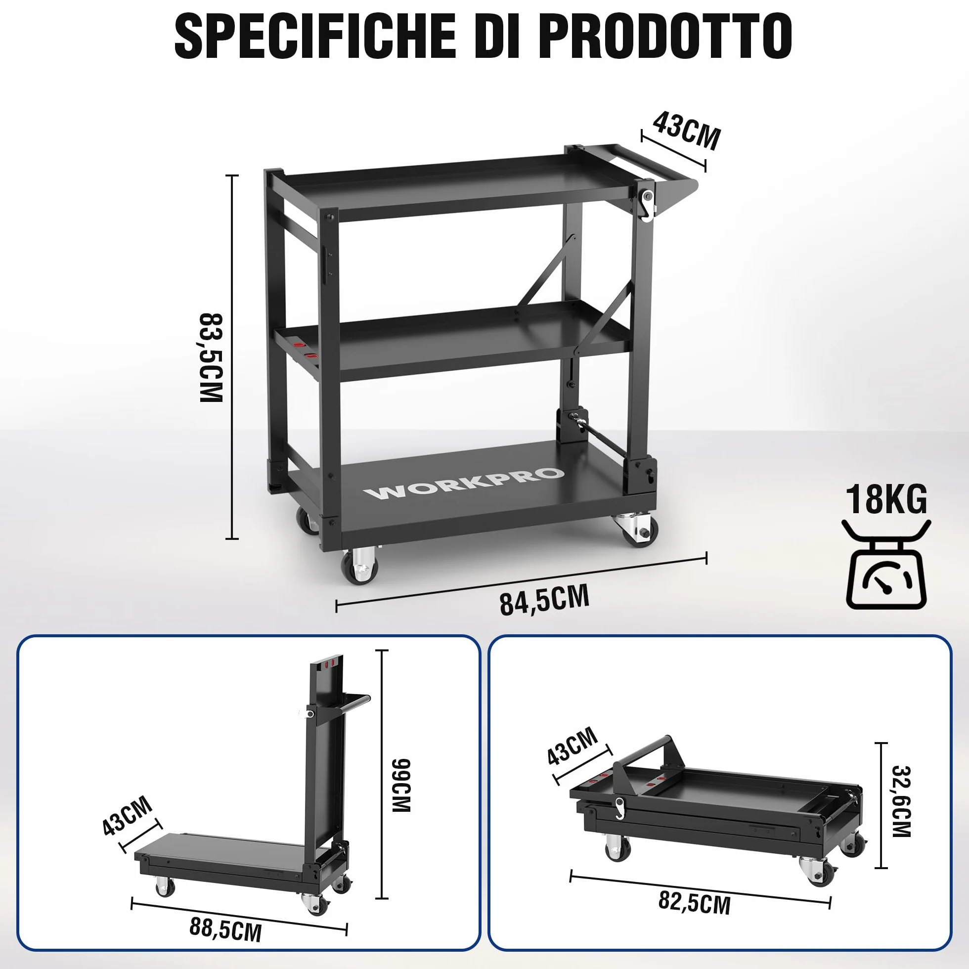 WORKPRO 3-IN-1 Carrello Porta Attrezzi con Ruote Portatutto a 3 Ripiani, Carrello Officina multifunzione carico di 135 kg con 4 Ruote (2 con Freno) Ideale per garage, magazzini, uffici, cucine