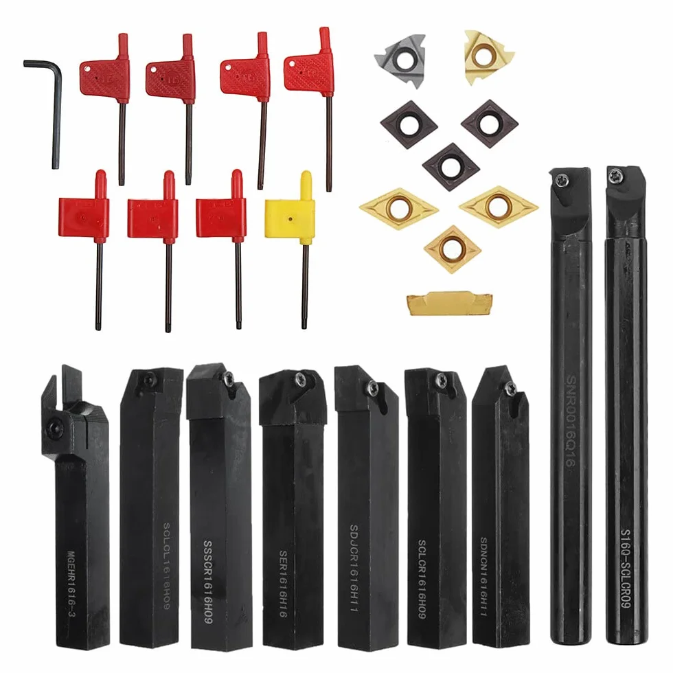 Set di 9 portautensili per tornio con gambo da 16 mm, con inserti in carburo