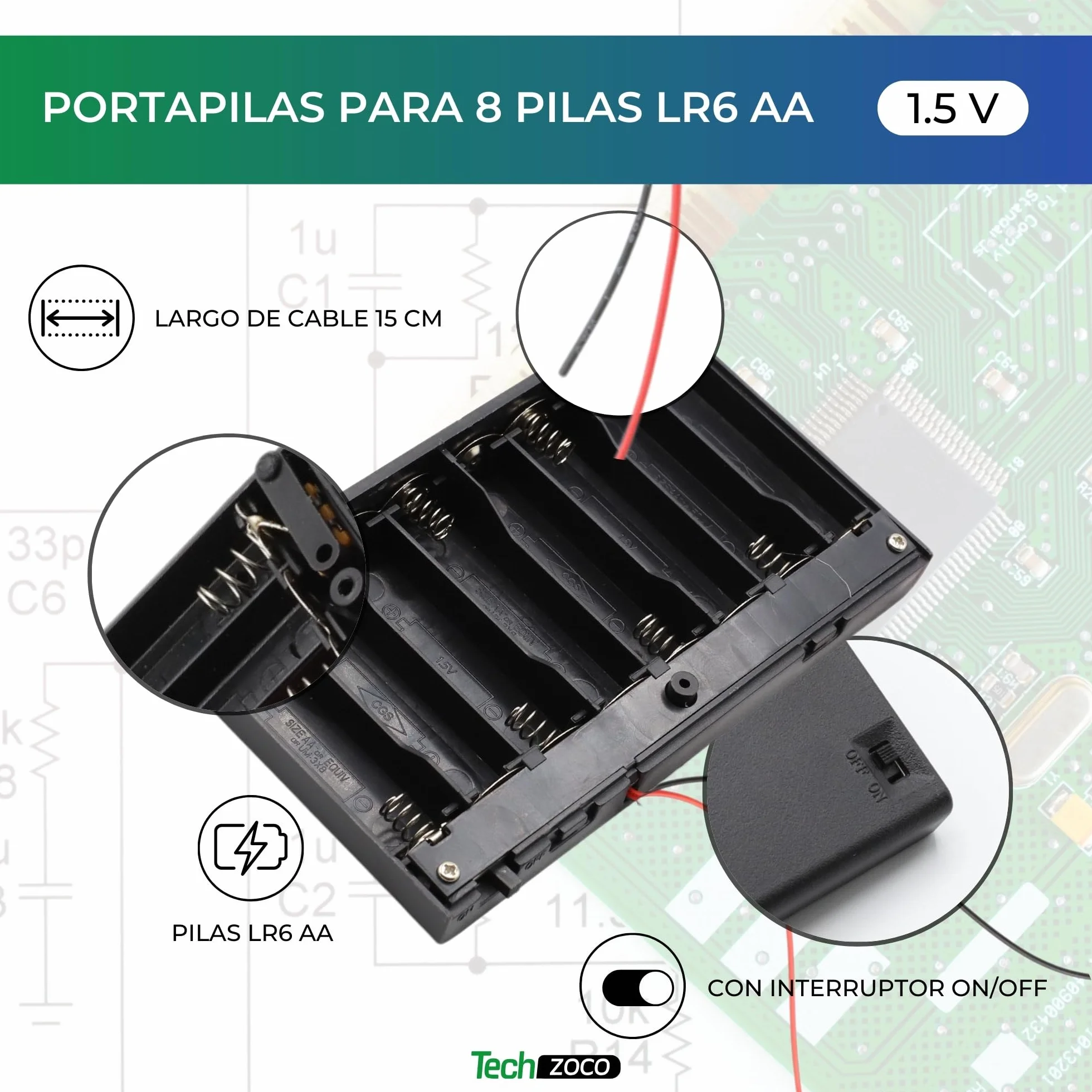 TECHZOCO Porta batterie con interruttore on/off, supporto batteria AA, scatola batteria, porta batterie, cavo da 200 mm, tensione totale: 12 V (1,5 V per batteria), adatto per 8 batterie LR6 AA (FR6,