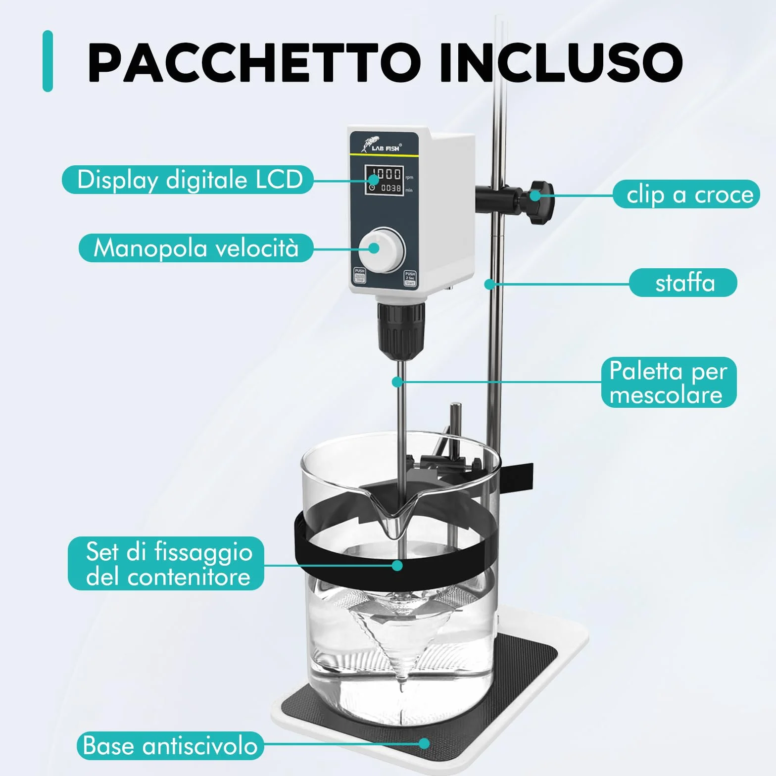 LAB FISH Agitatore a Immersione Overhead Stirrer, Miscelatore da Laboratorio 50W con Pala e Supporto Acciaio Inox, Velocità Regolabile 100-2000 RPM, Timer 1min-24h, per 20L & 20000 mPas