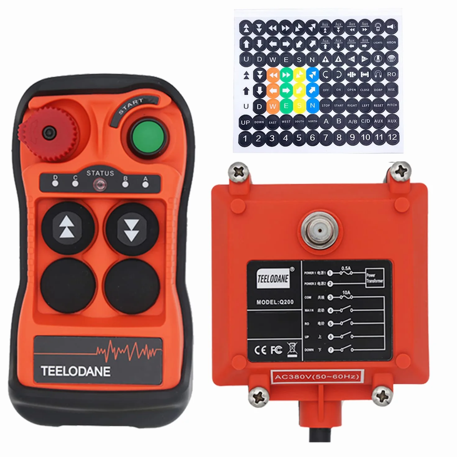 Kit telecomando per gru wireless industriale Q200 1 pulsante Motion 2 Ricevitore trasmettitore paranco elettrico 12v 24v con arresto di emergenza (AC/DC 12-24V)