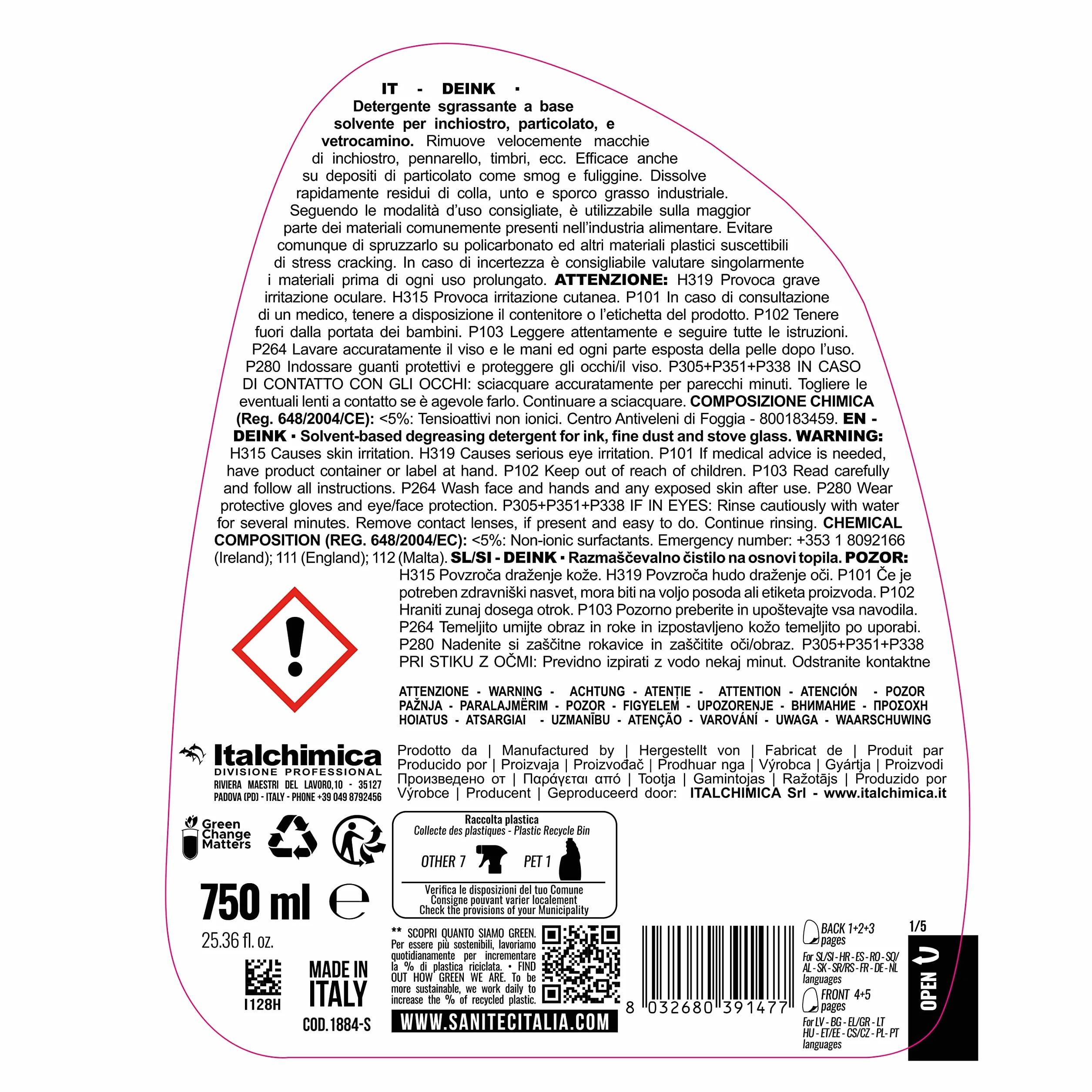 SANITEC igiene sicura Deink, Detergente Profumato, Sgrassante Specifico ed Efficace per Inchiostro, Colla, Grasso e Graffiti, Pulizia Senza Risciacquo e Senza Aloni, Made in Italy, 6 Flaconi 750 ml