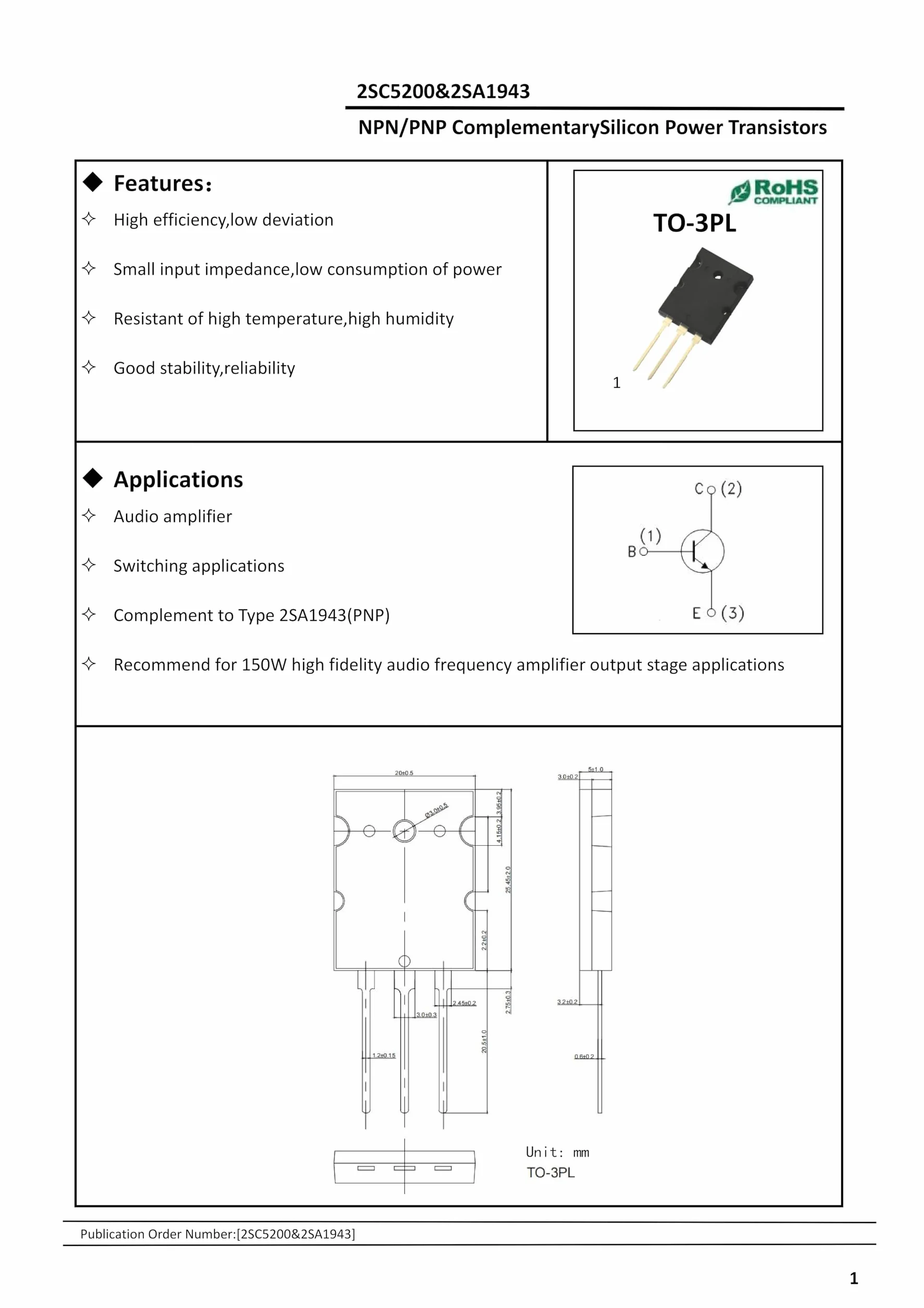 2SA1943 2SC5200 NPN PNP Transistor di potenza al silicio TO-3PL 230V 15A 150W