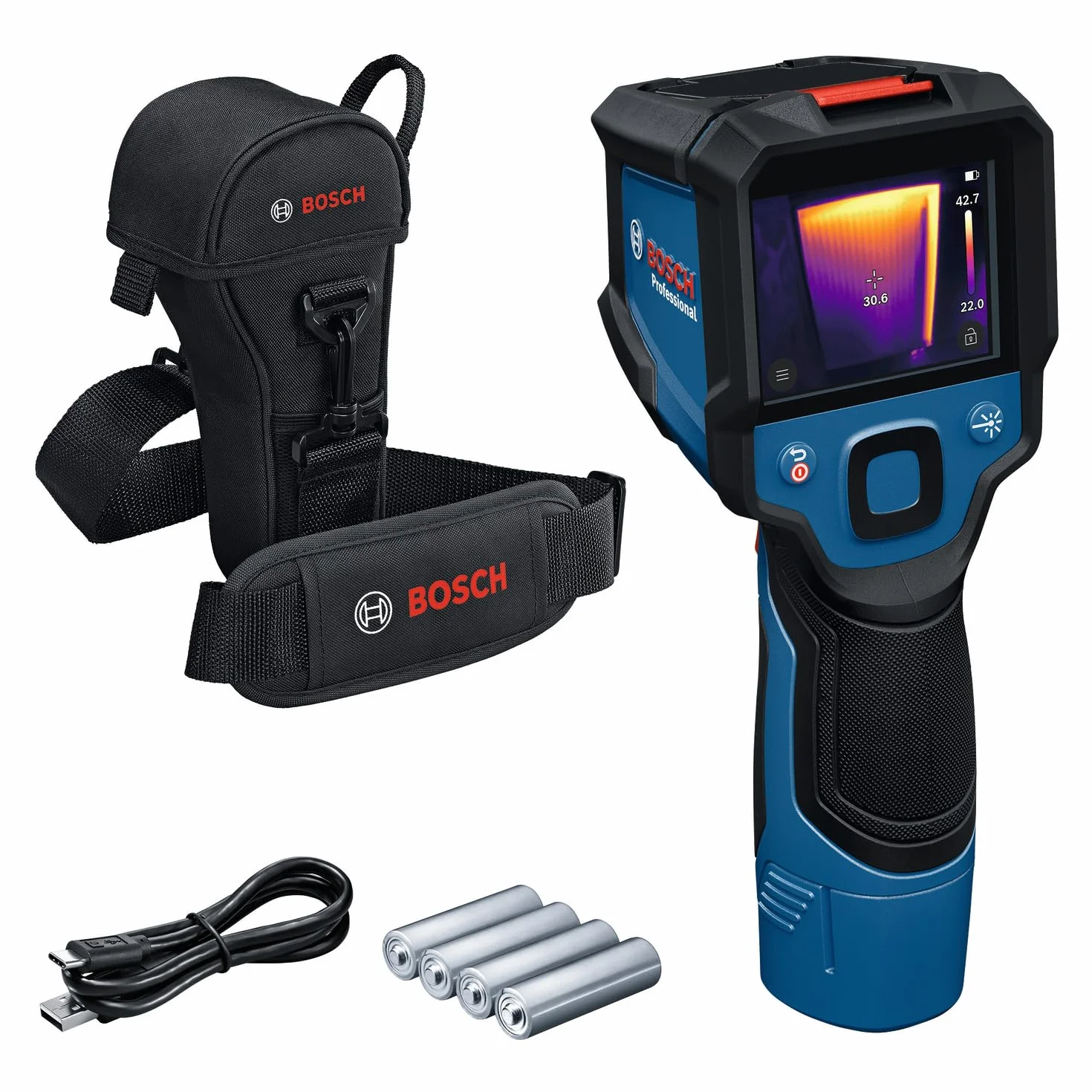 Bosch Professional TermoGTC 12V-450-13 (risoluzione 256x192 px, da -20°C a +450 °C, doppia fonte di alimentazione, adattatore batteria AA1, 4x 1,5 V LR6 AA, custodia, cavo USB-C®, scatola pieghevole)