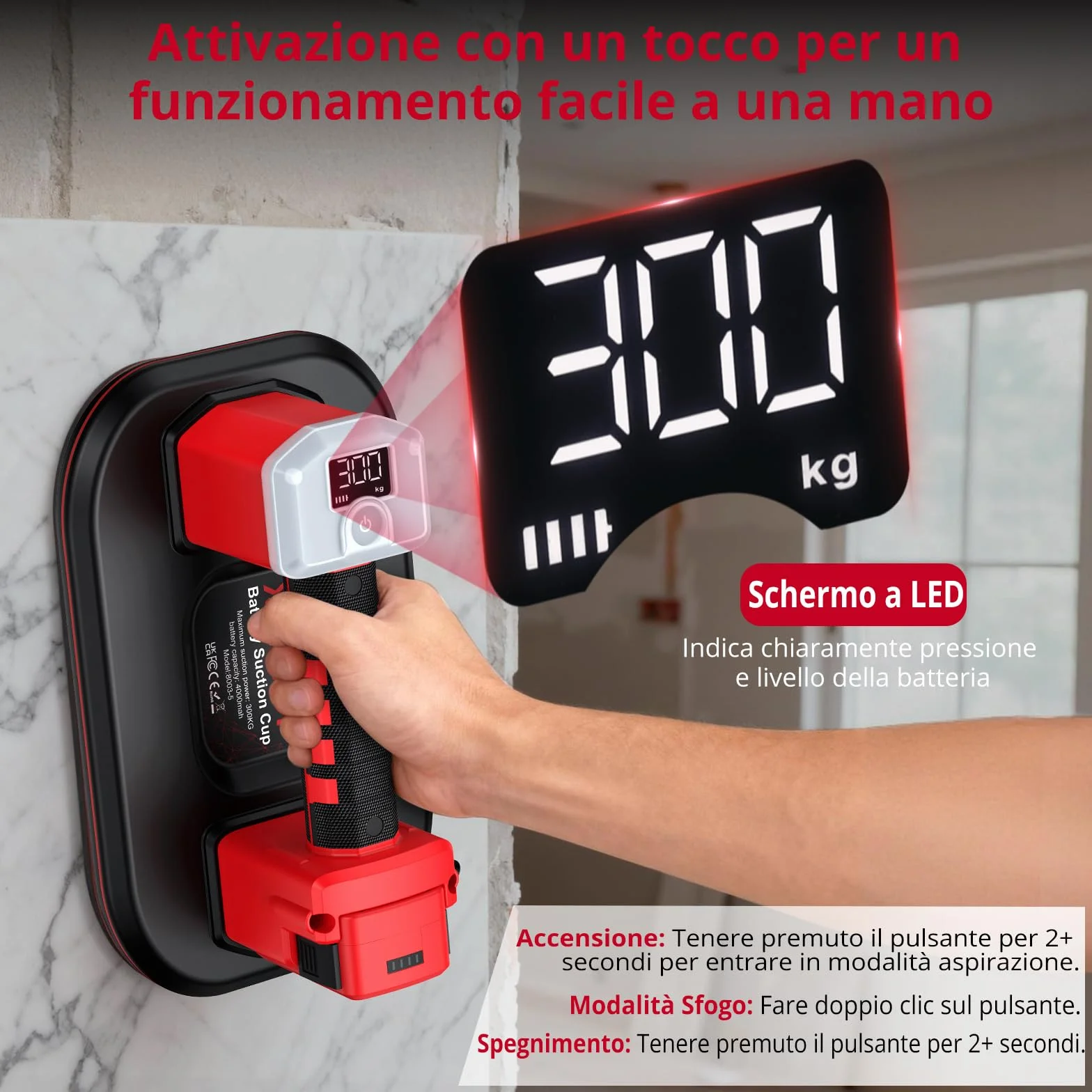 XUNTOP 10" Ventosa a Batteria Professionale 300KG a Doppio Motore 9000 Giri/min con Display LCD, Sollevatore Elettrico Aspirazione Automatica per Piastrelle e Vetro, con Extra Batteria di Ricambio