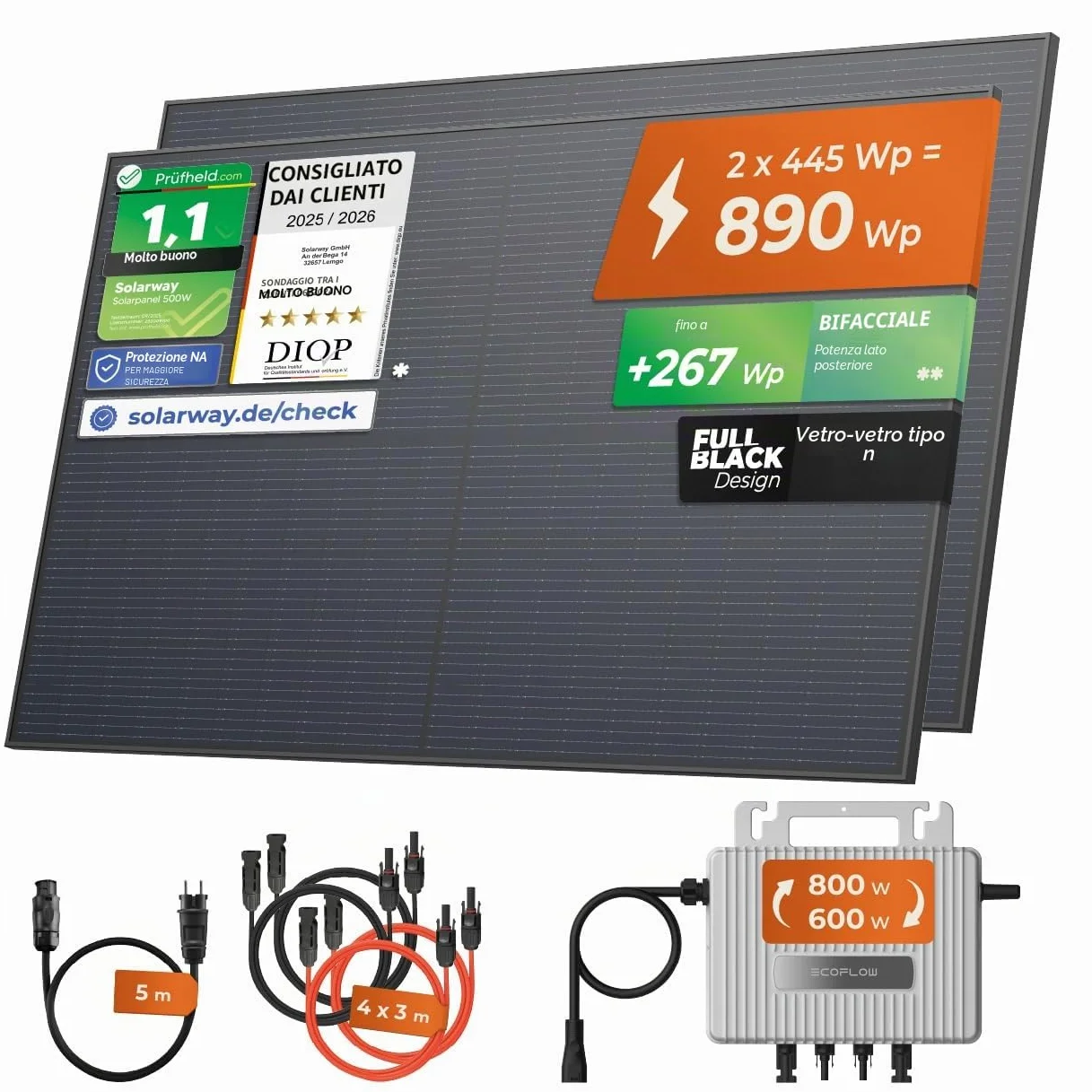 Solarway 880 Wp 800 W Centrale elettrica da balcone completa Inverter EcoFlow Stream 800W Moduli bifacciali Black 440 W