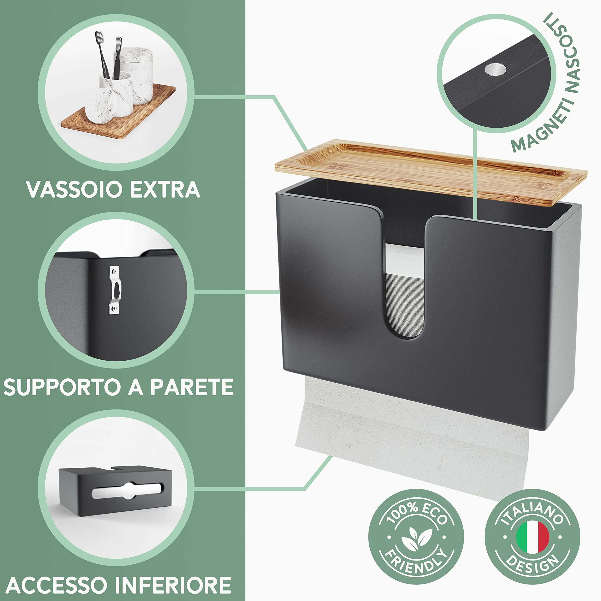 Dispenser per Carta Asciugamani in Legno NATURE SUPPLIES - Porta Salviette da Parete, Bambù Naturale, Nero