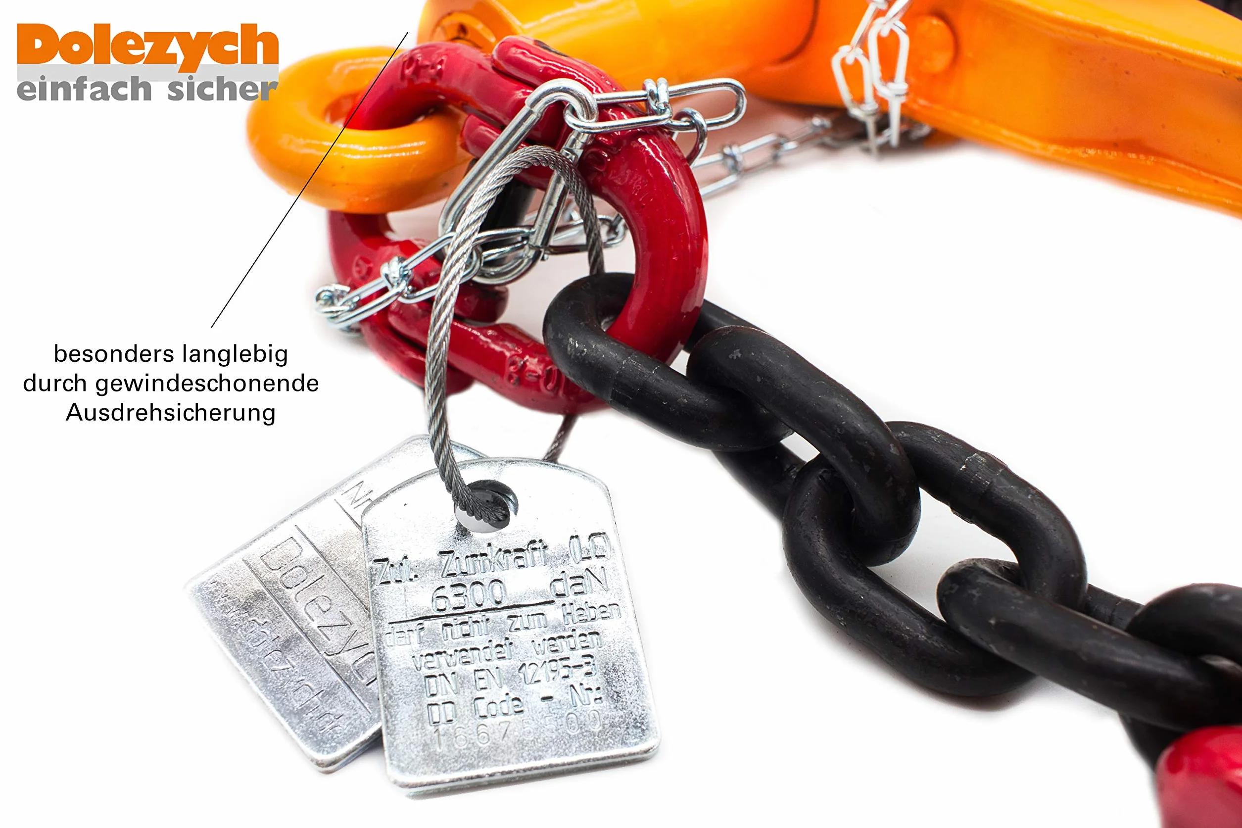 Dolezych Catena di ancoraggio di grado 80 con raccoglitore a cricchetto Dora, 2 ganci a forcella, catena da 10 mm, capacità di ancoraggio diretto = 6300 dan, lunghezza 3,50 m